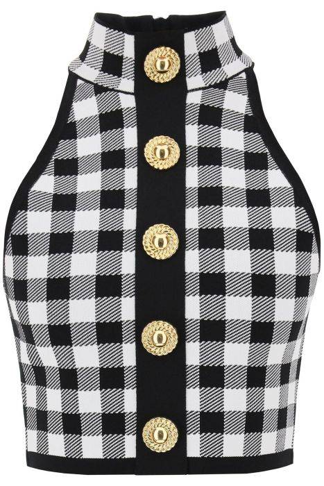 balmain gingham knit cropped top with embossed buttons