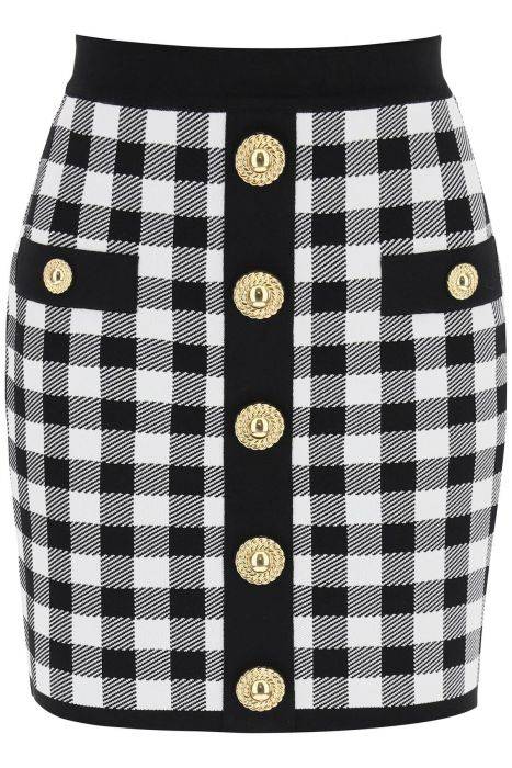 balmain gingham knit mini skirt with embossed buttons