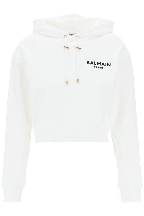 balmain cropped hoodie with flocked logo
