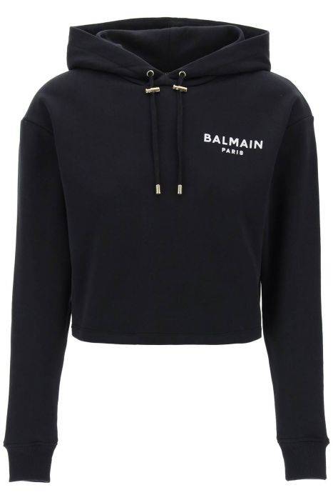 balmain cropped hoodie with flocked logo