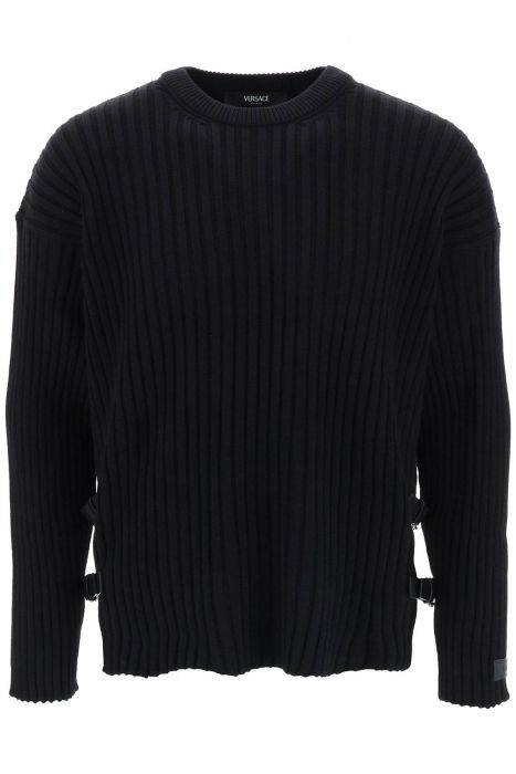 versace ribbed-knit sweater with leather straps