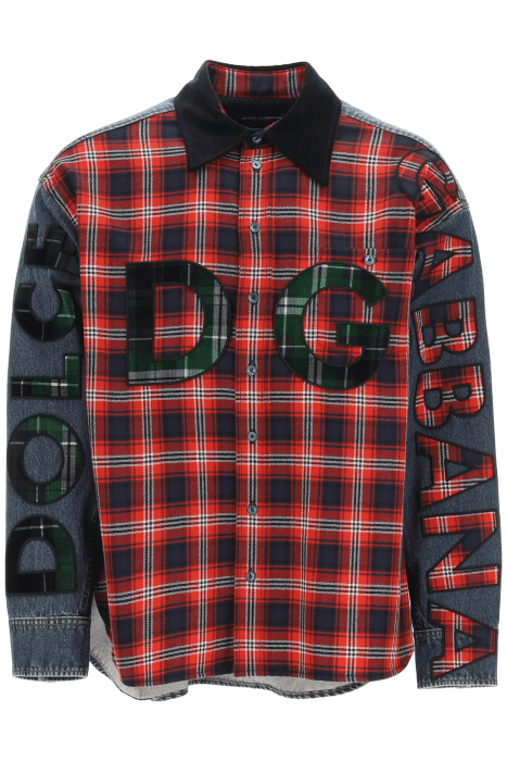 dolce & gabbana oversized denim and flannel shirt with logo