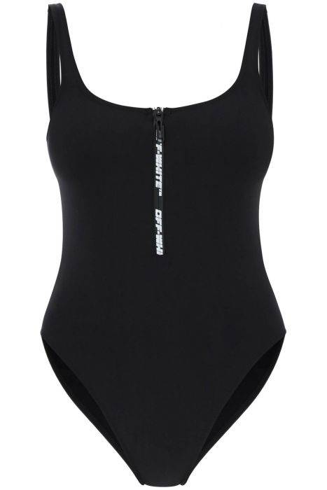 off-white one-piece swimsuit with zip and logo