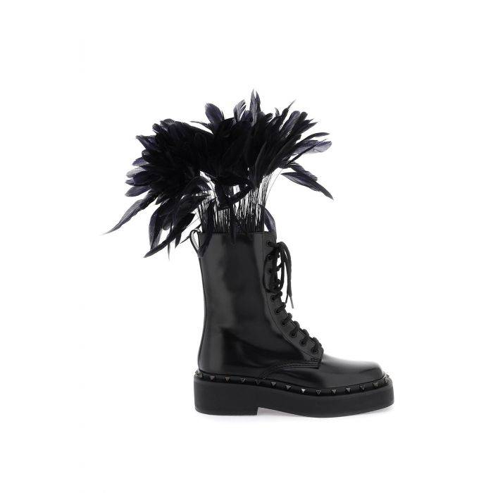 leather m-way rockstud combat boots with feathers - VALENTINO GARAVANI