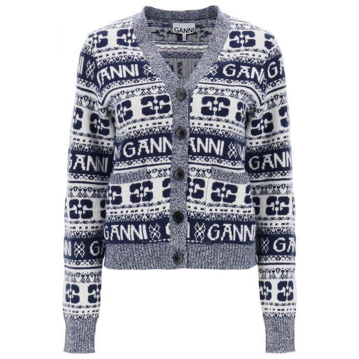 jacquard wool cardigan with logo pattern - GANNI