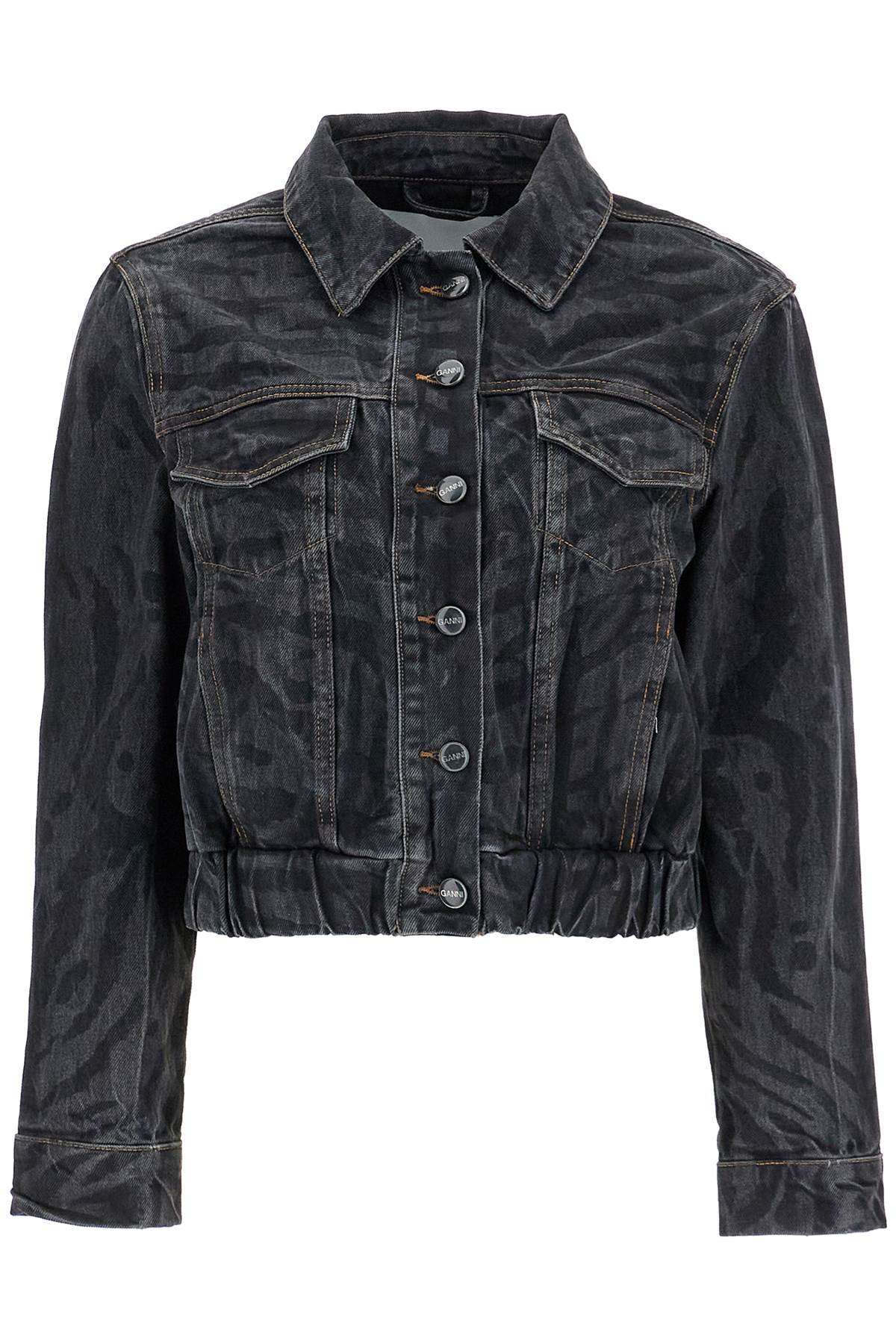 Shop Ganni Cut  Short Denim Jacket With Laser-cut In Black