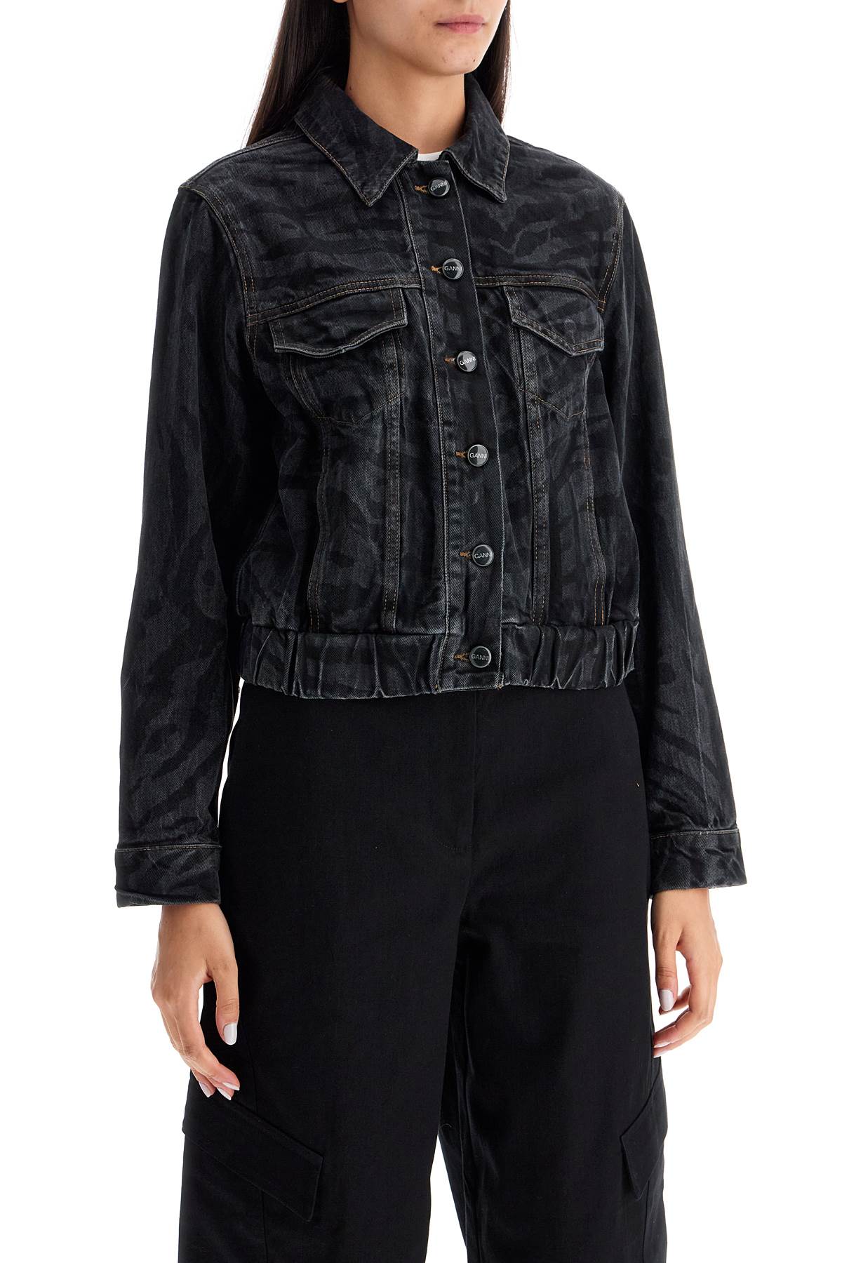 Shop Ganni Cut  Short Denim Jacket With Laser-cut In Black