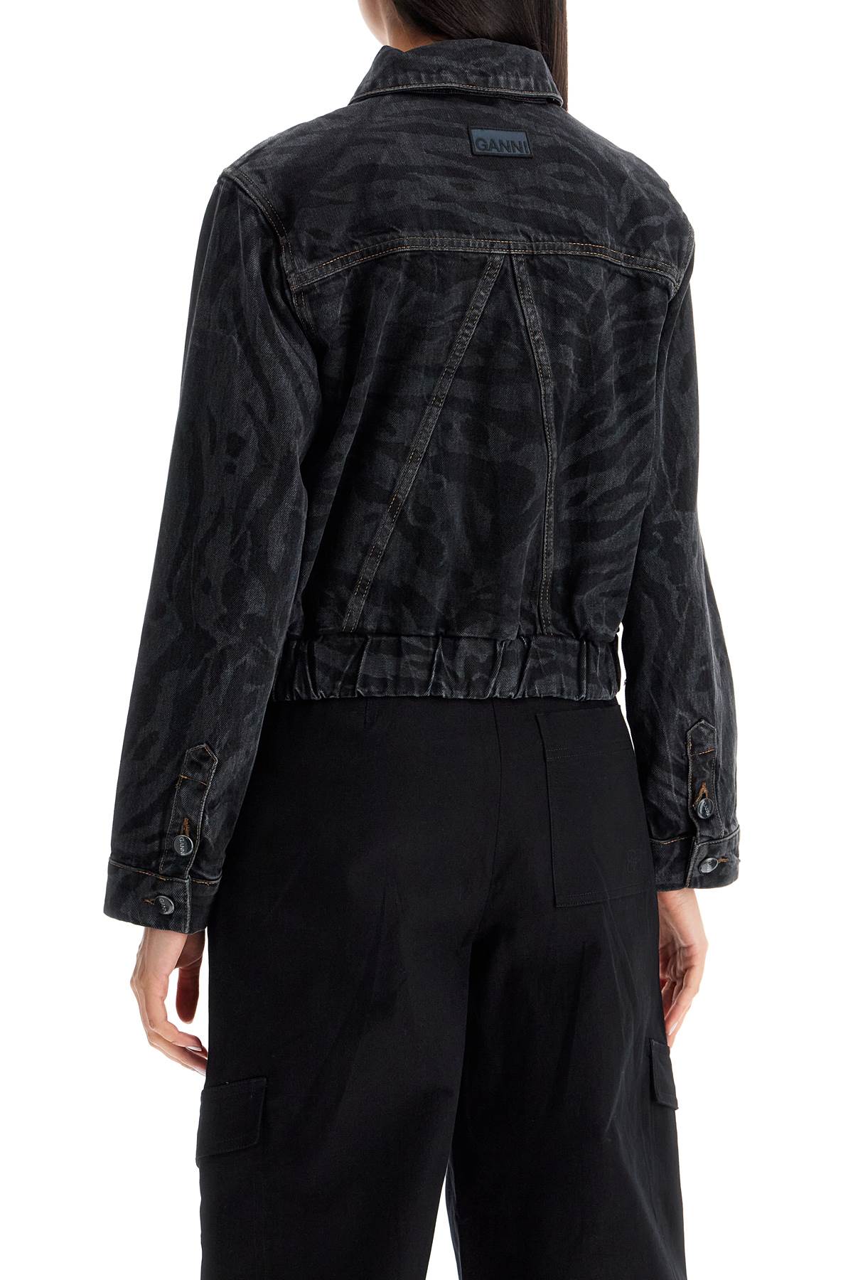 Shop Ganni Cut  Short Denim Jacket With Laser-cut In Black