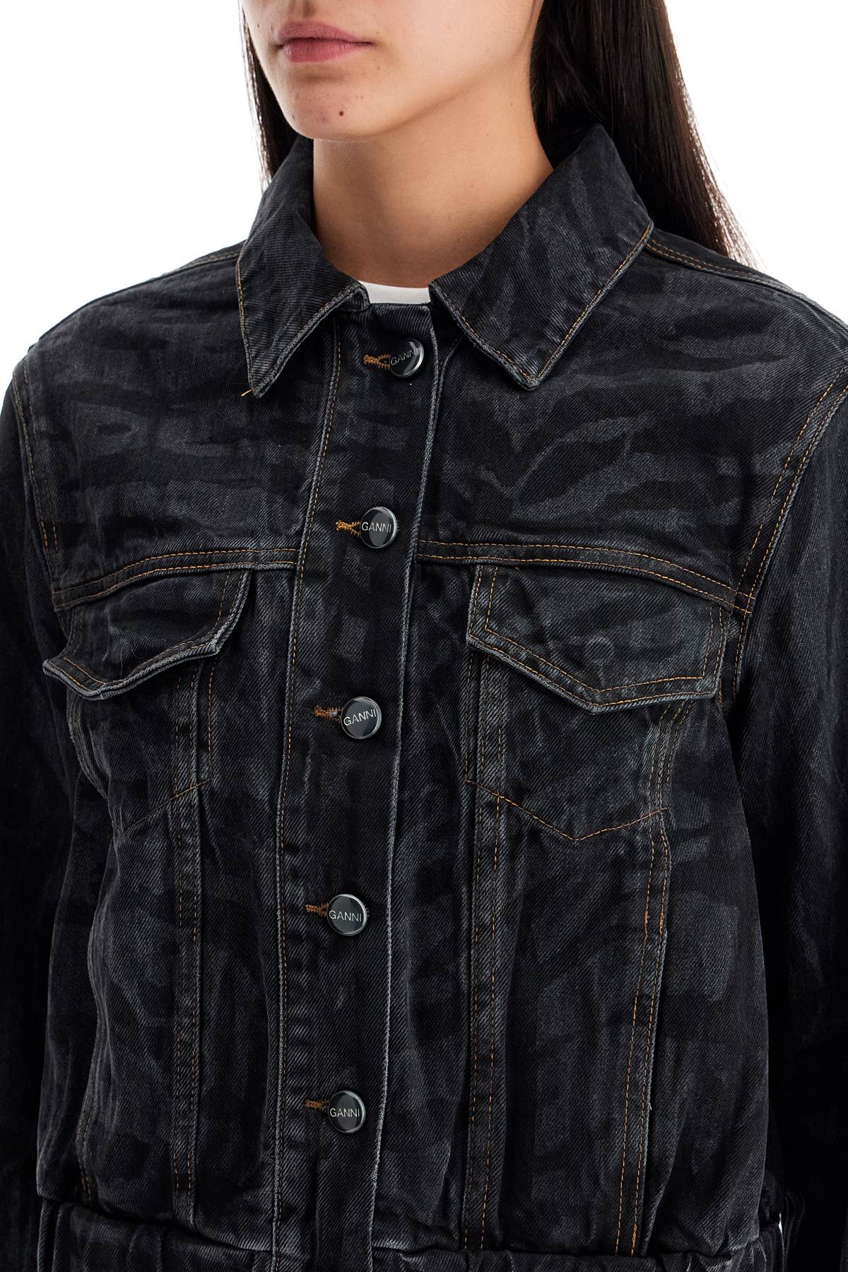 Shop Ganni Cut  Short Denim Jacket With Laser-cut In Black