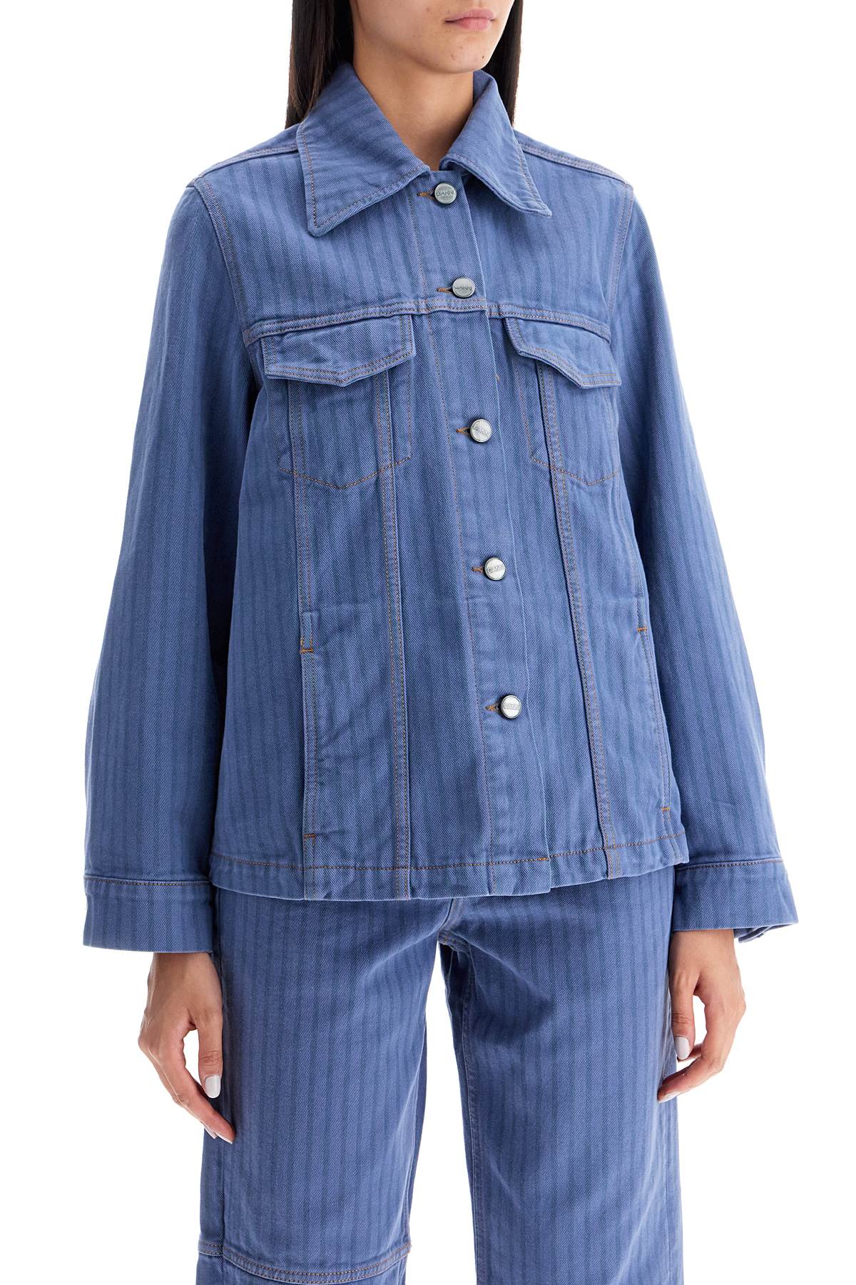 Shop Ganni "striped Overdyed Denim Jacket In Blue