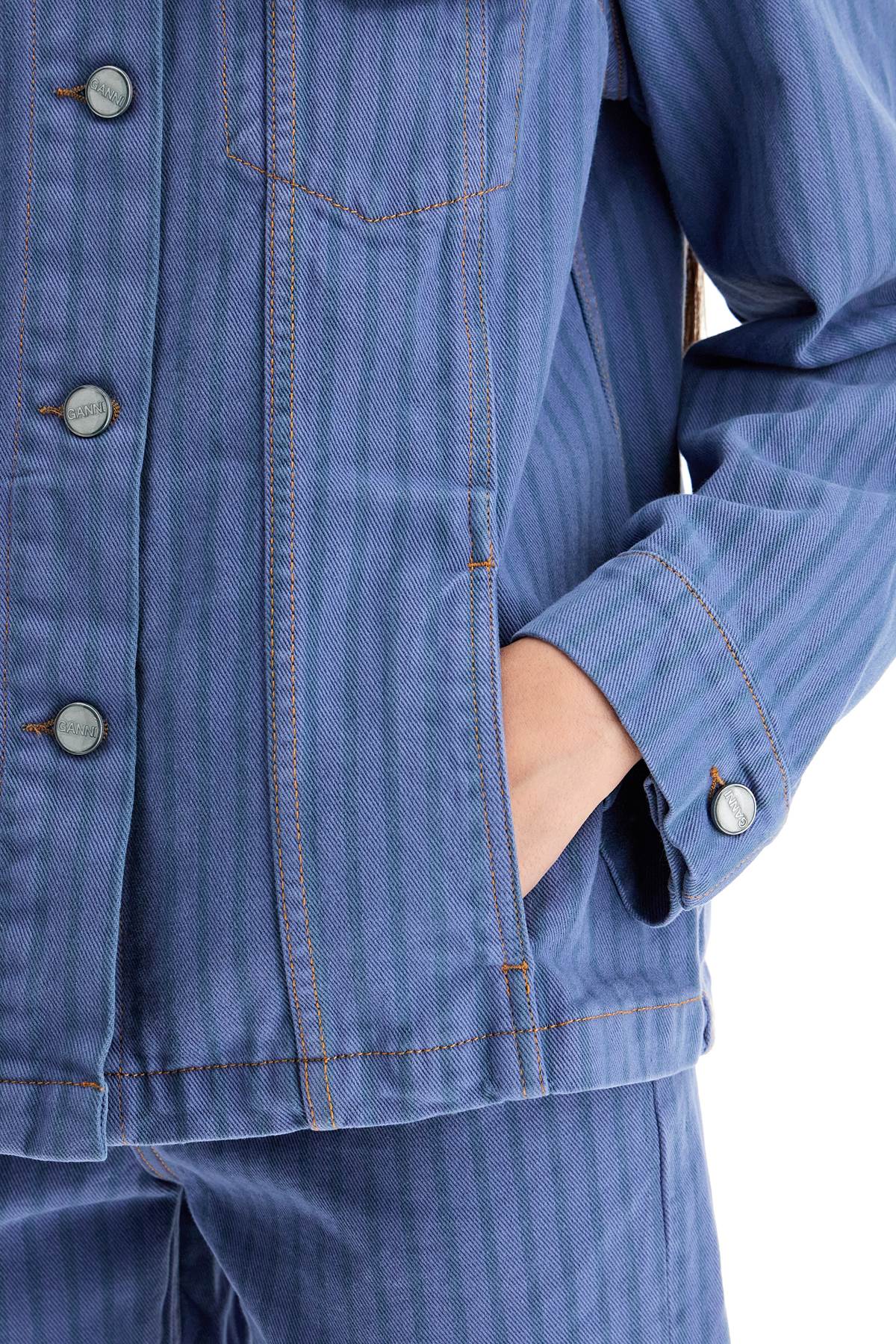 Shop Ganni "striped Overdyed Denim Jacket In Blue