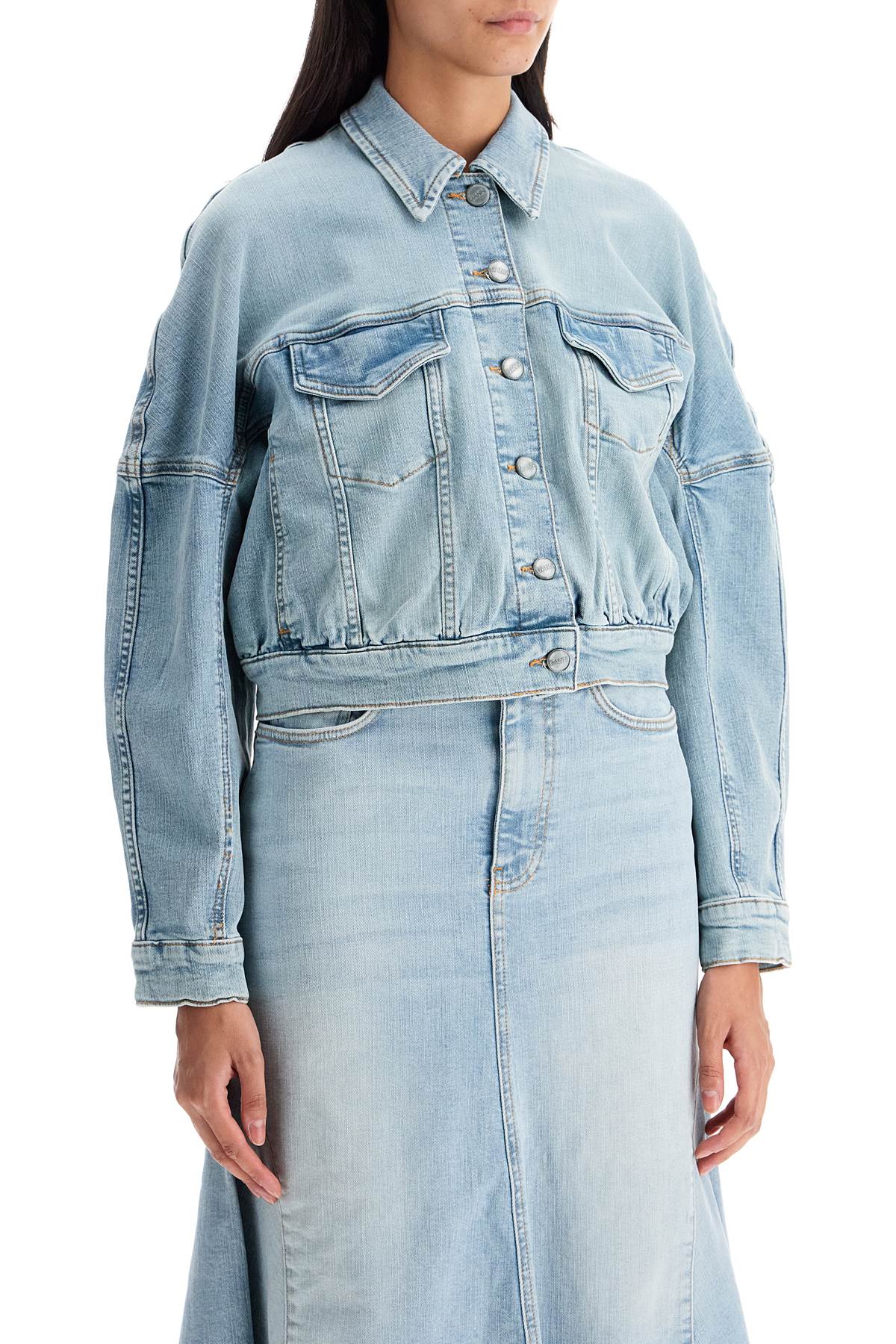 Shop Ganni Stretch Denim Bomber Jacket In 8 In Blue