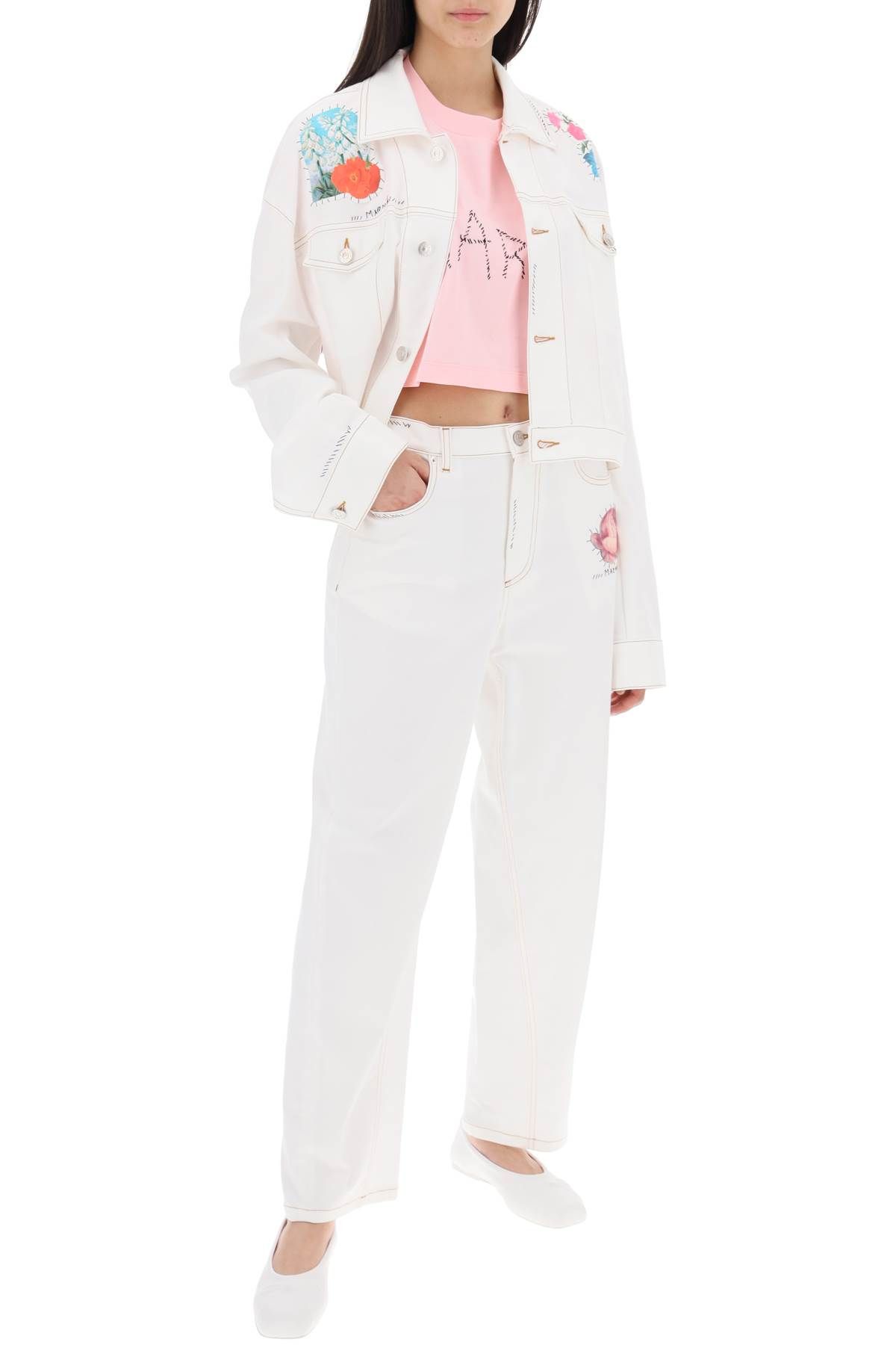 Shop Marni "cropped Denim Jacket With Flower Patches And Embroidery" In White