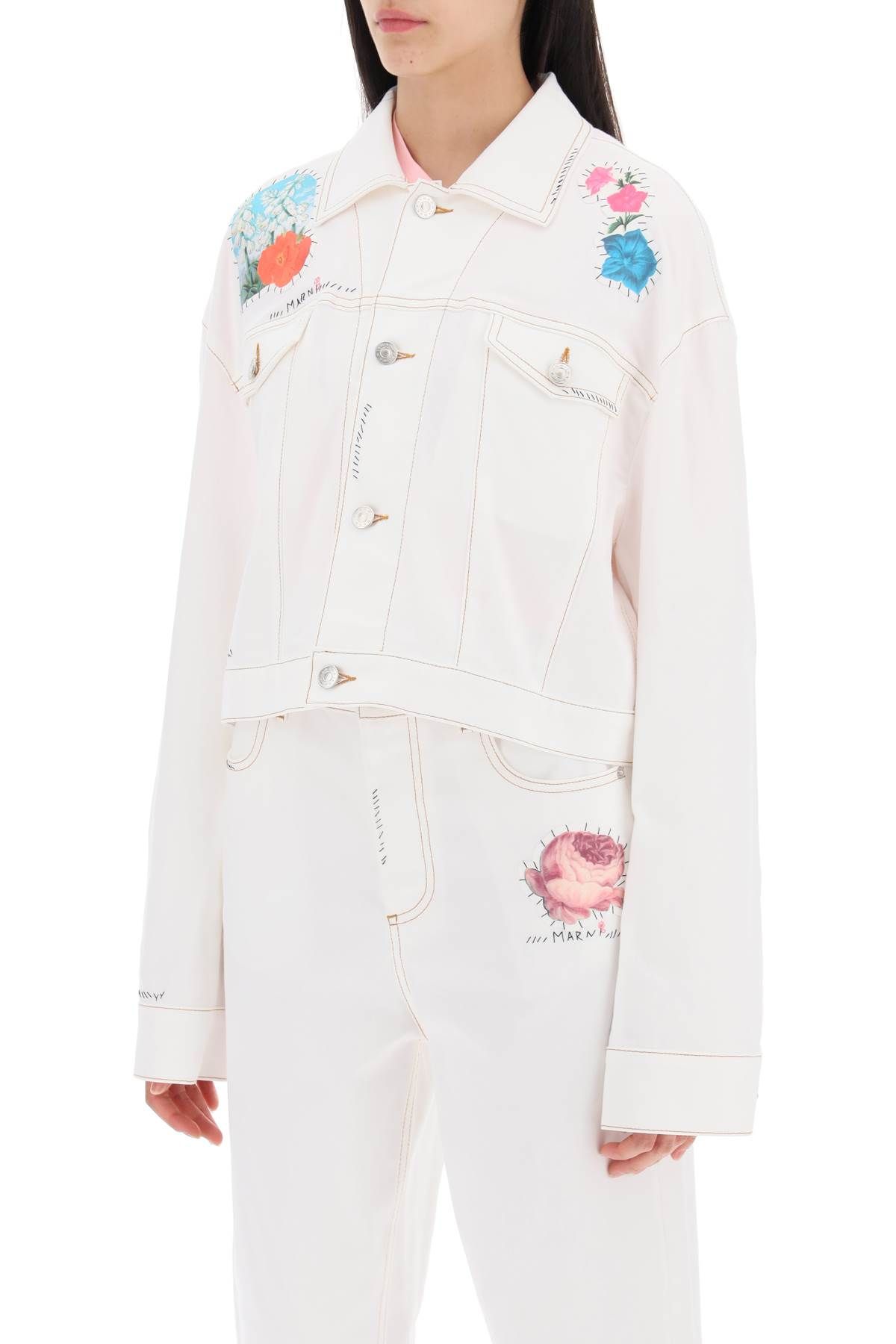 Shop Marni "cropped Denim Jacket With Flower Patches And Embroidery" In White