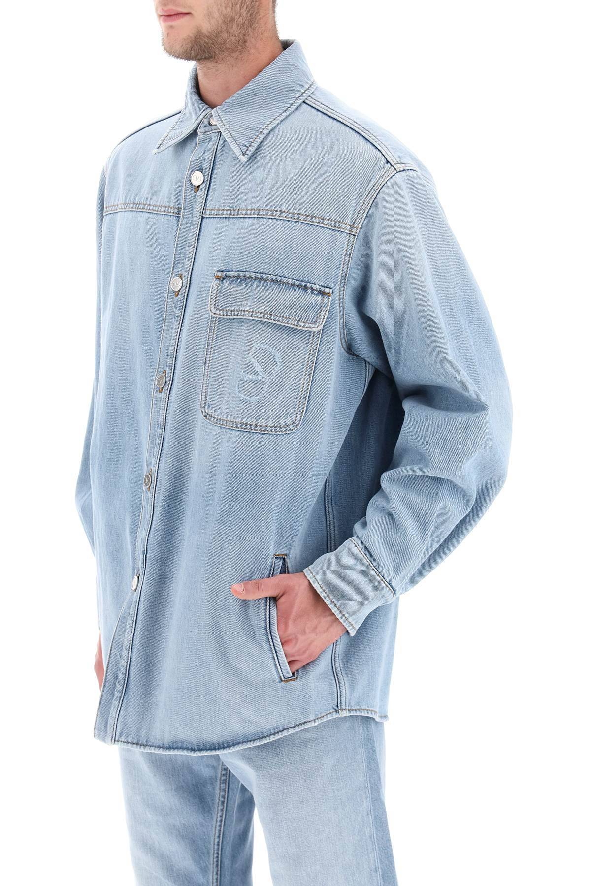 Shop Valentino Denim Overshirt With Stamped Vlogo Signature In Light Blue