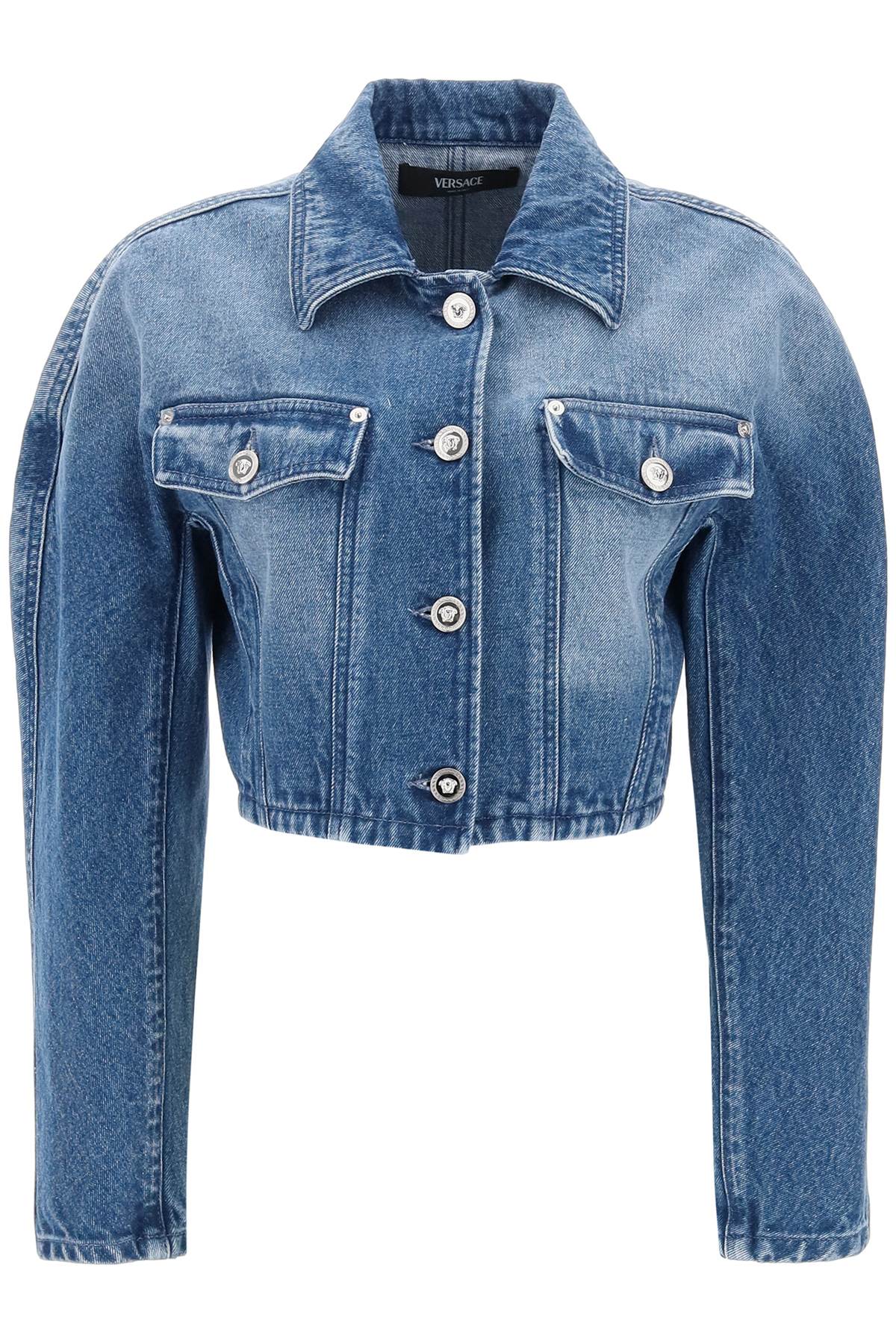 Shop Versace Cropped Denim Jacket In Blue