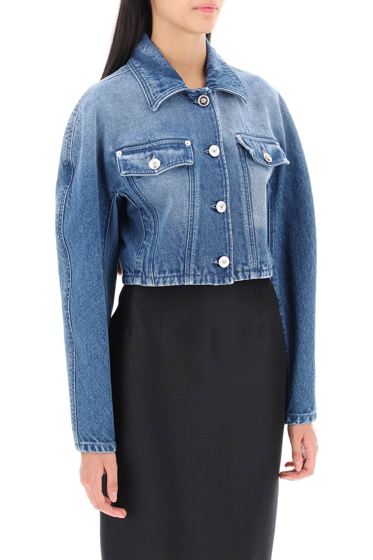 Shop Versace Cropped Denim Jacket In Blue