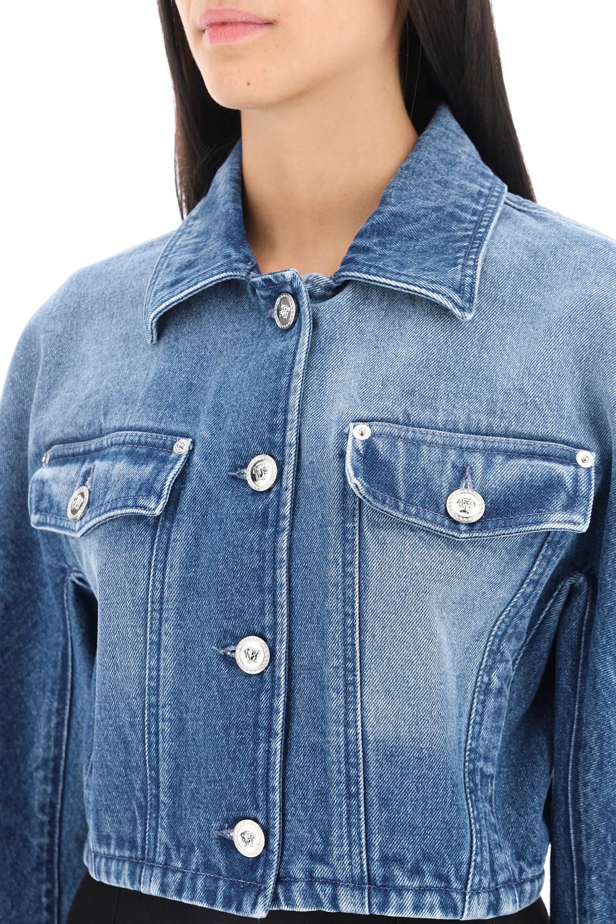 Shop Versace Cropped Denim Jacket In Blue