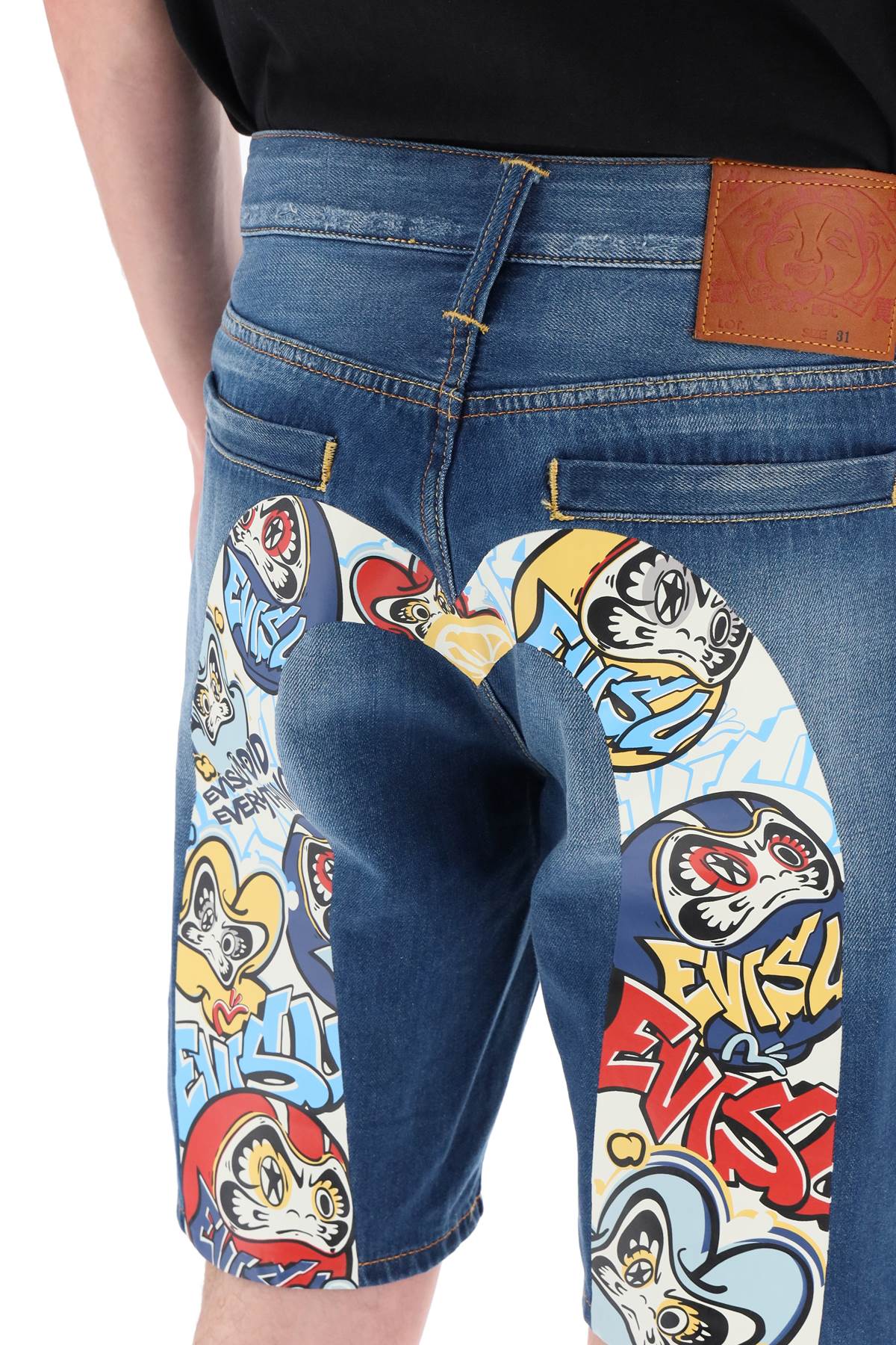 Shop Evisu Graffiti Daruma Denim Shorts In Blue