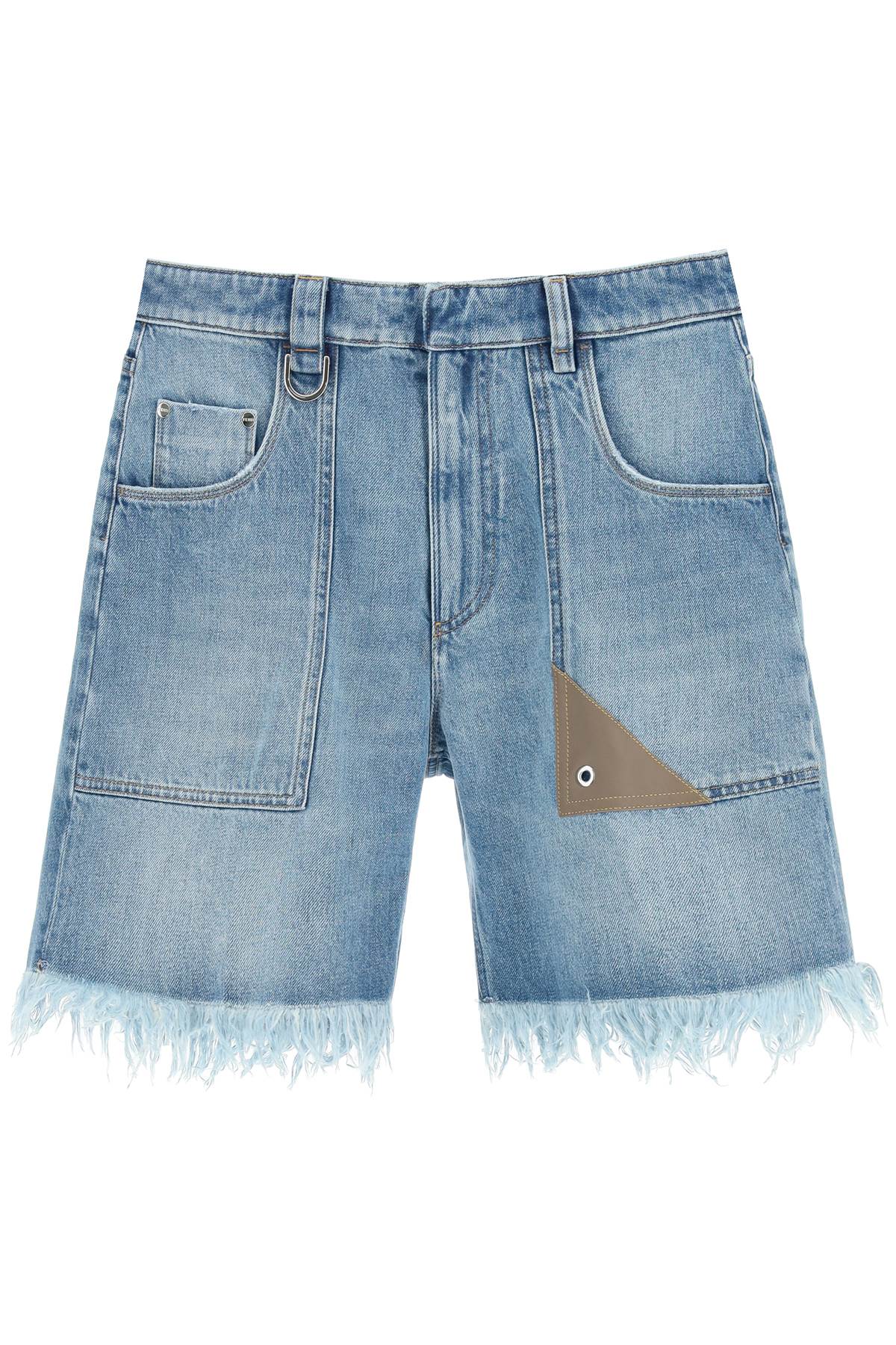 Shop Fendi Denim Shorts With Fringed Hem In Blue