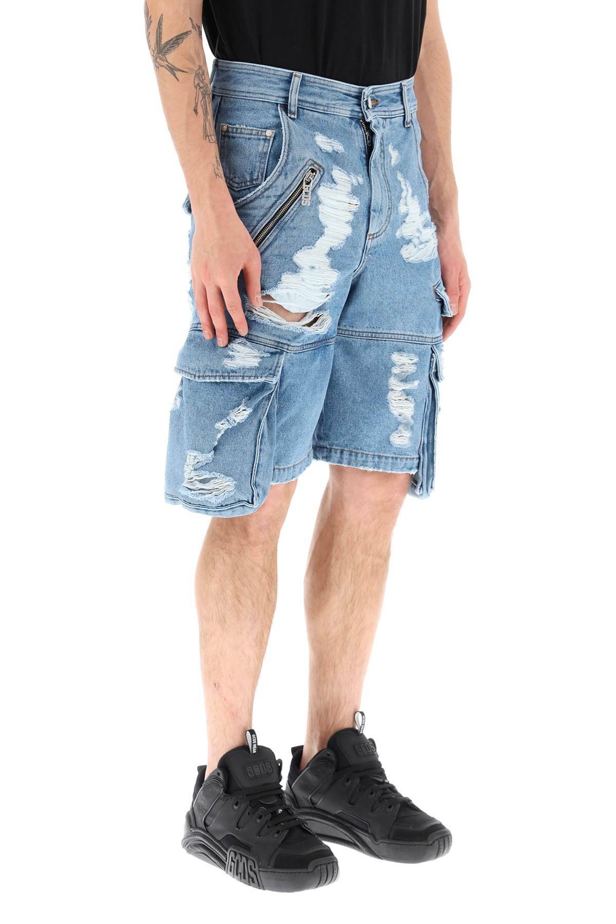 Shop Gcds Ultracargo Destroyed Denim Shorts In Blue