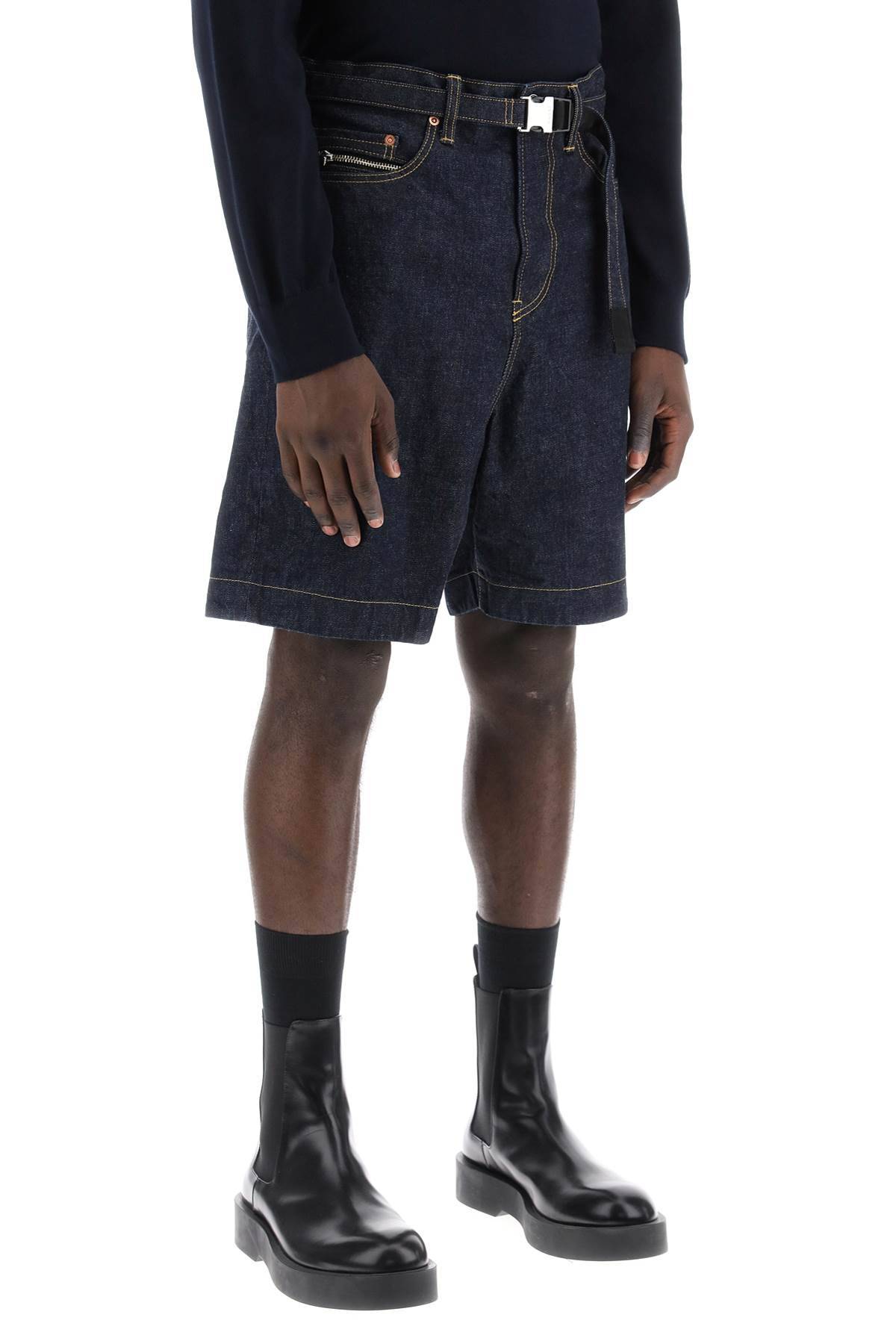 Shop Sacai Denim Bermuda Shorts With Removable Belt In Blue