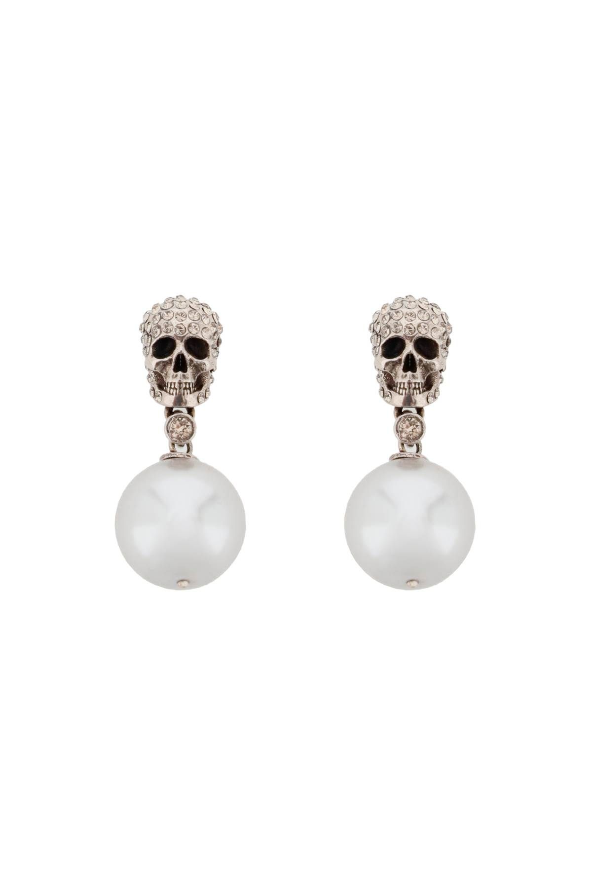 Shop Alexander Mcqueen Pearl Skull Earrings With Crystal Pavé In Silver