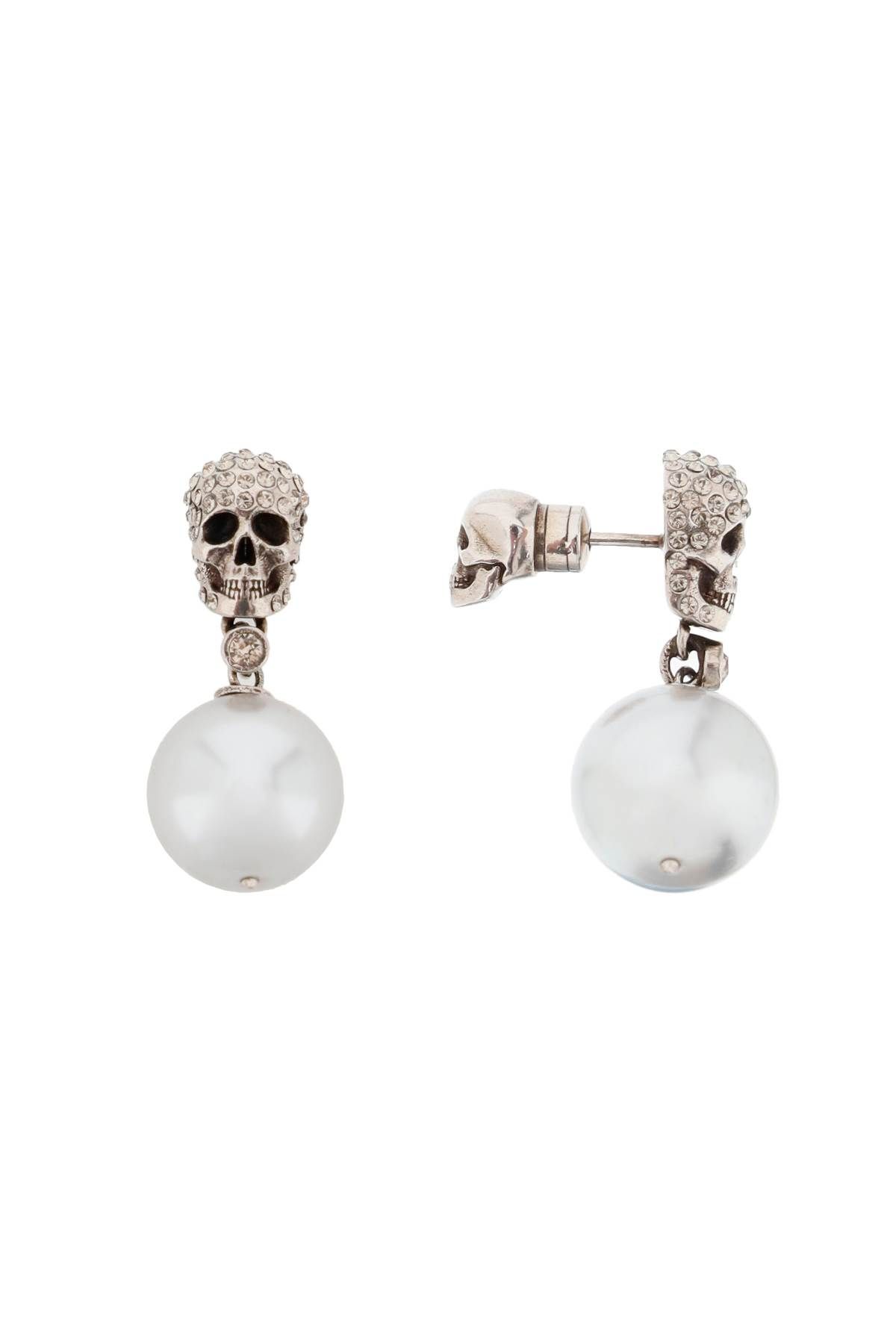 Shop Alexander Mcqueen Pearl Skull Earrings With Crystal Pavé In Silver