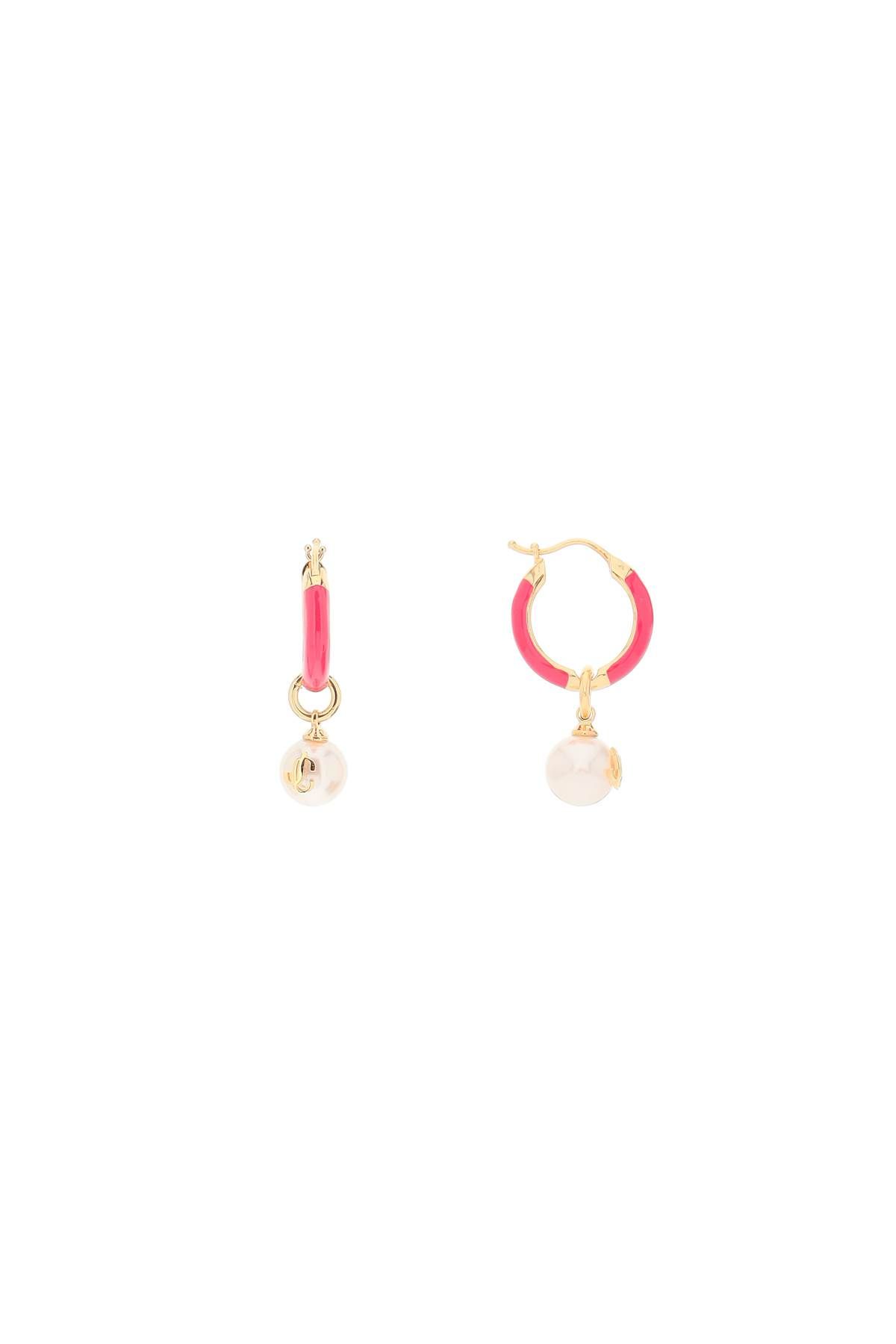 Shop Jimmy Choo Hoop Earrings With Pearls In White,gold,fuchsia