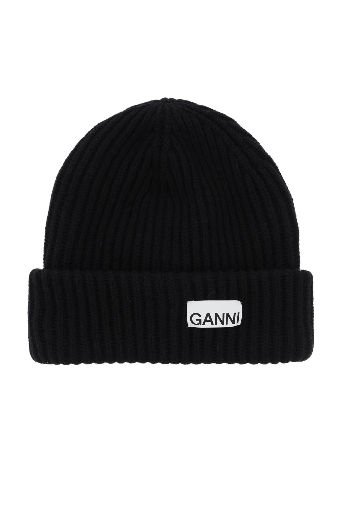 Shop Ganni Beanie Hat With Logo Patch In Black