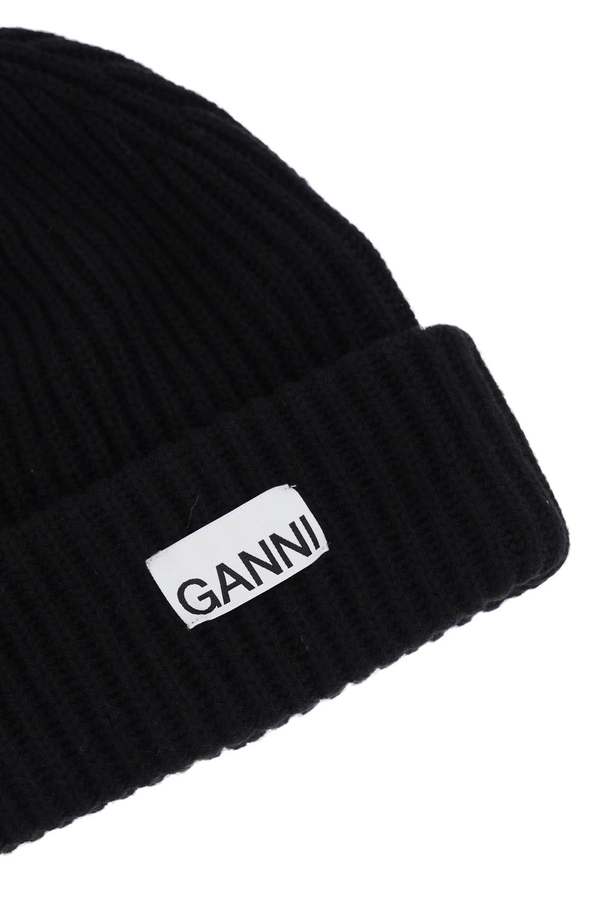 Shop Ganni Beanie Hat With Logo Patch In Black