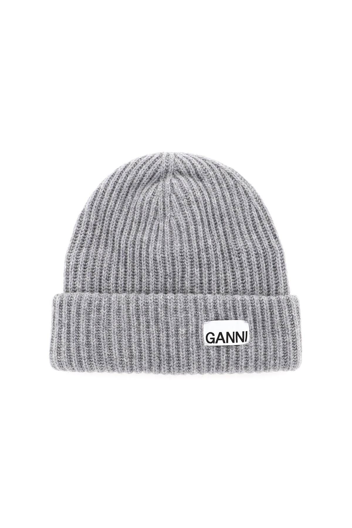 Shop Ganni Beanie Hat With Logo Patch In Grey