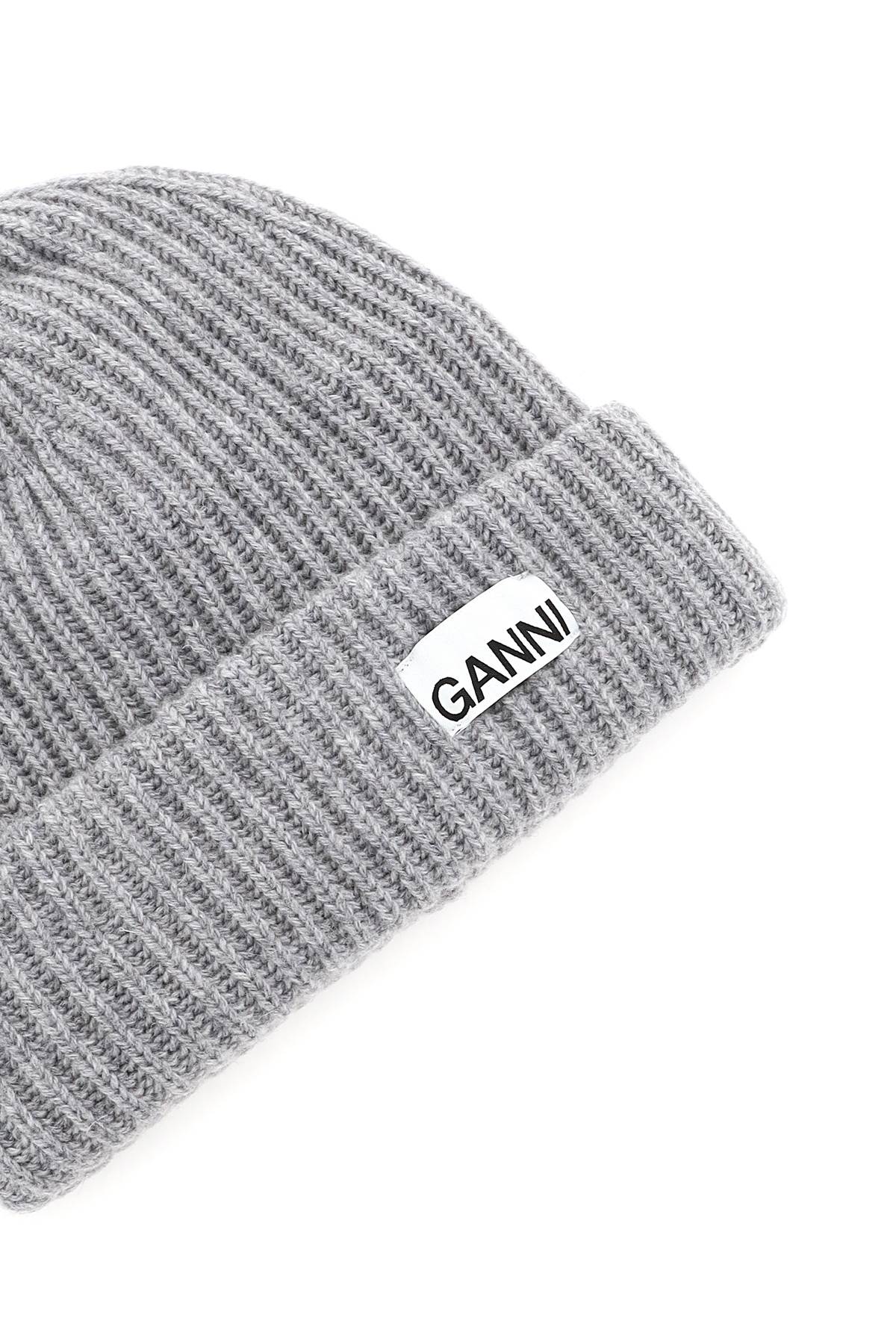 Shop Ganni Beanie Hat With Logo Patch In Grey