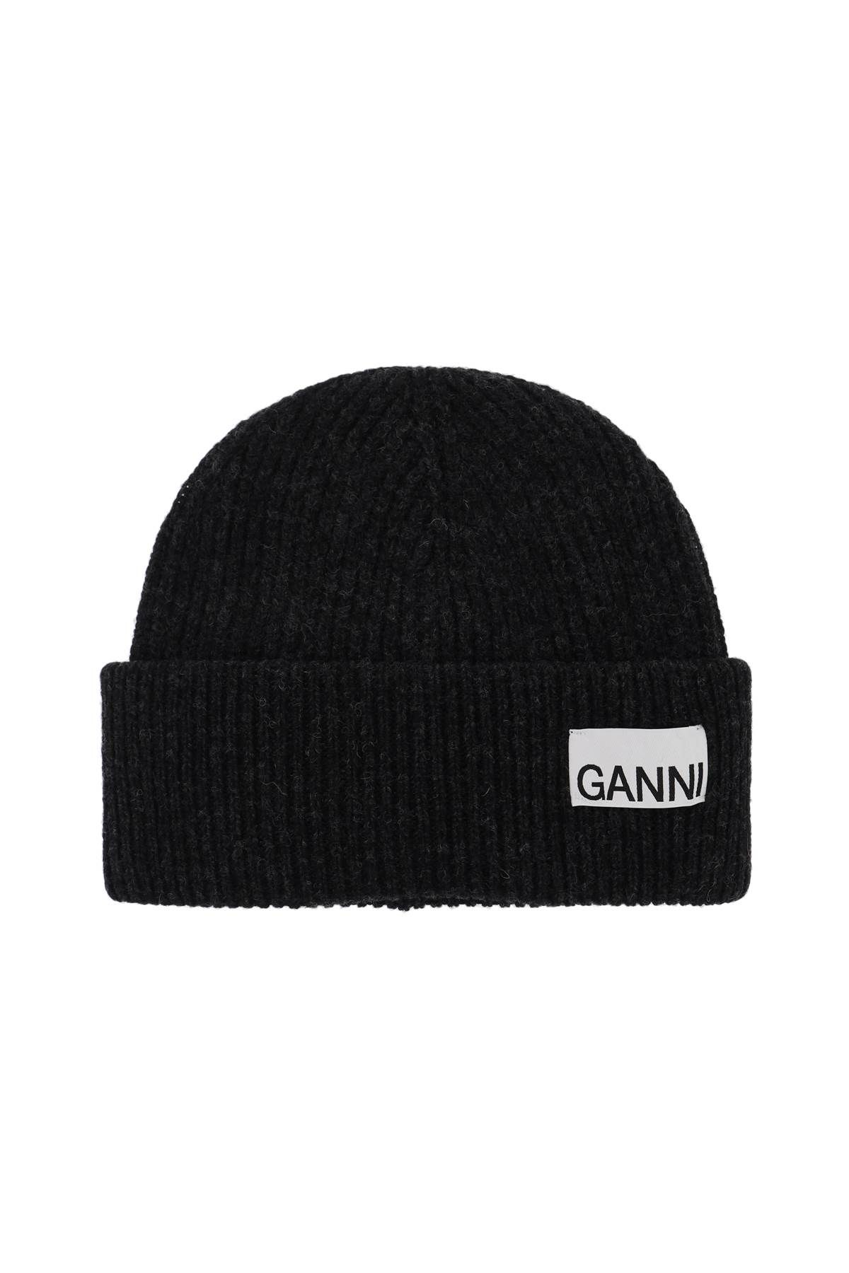 Shop Ganni Beanie Hat With Logo Label In Grey