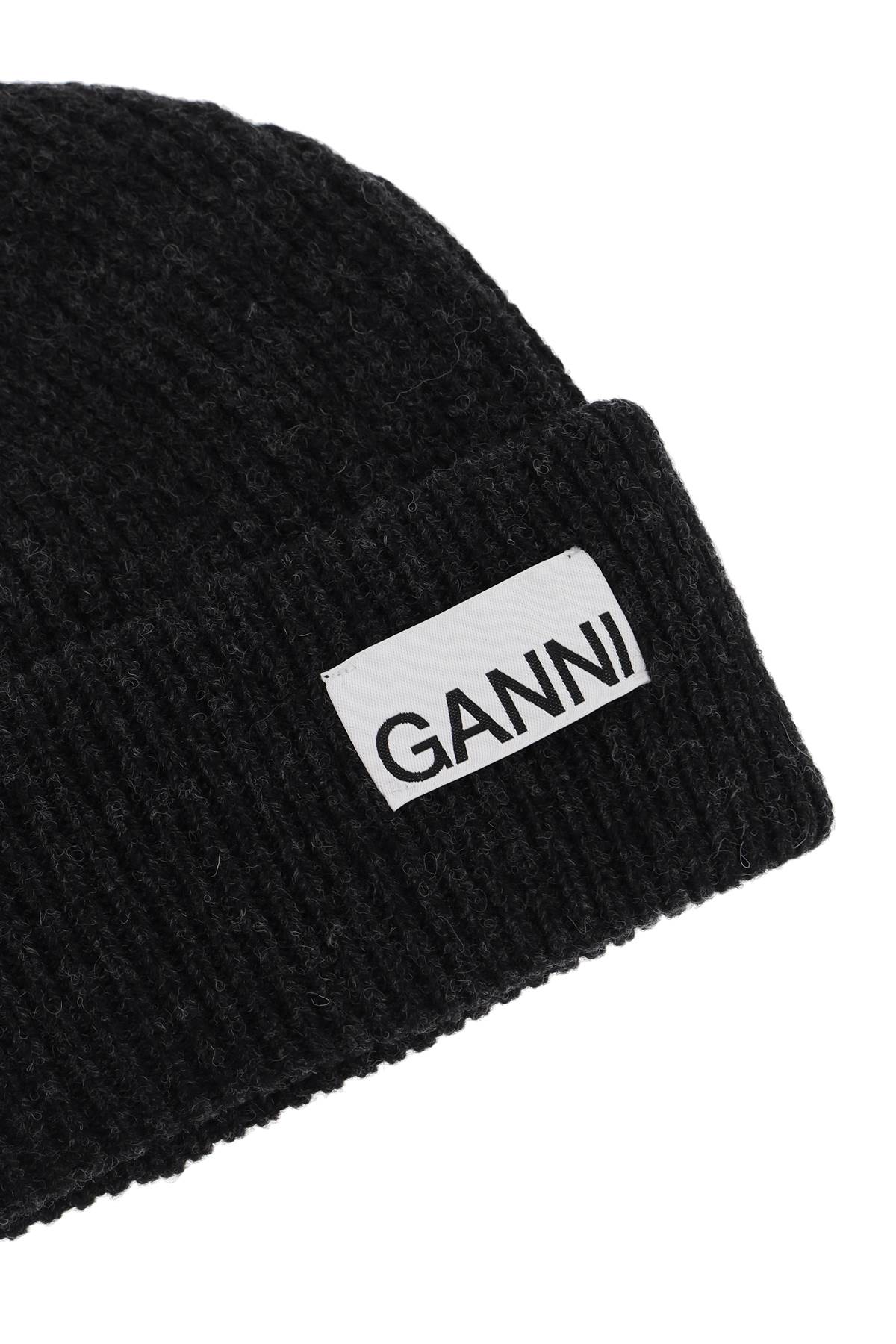 Shop Ganni Beanie Hat With Logo Label In Grey