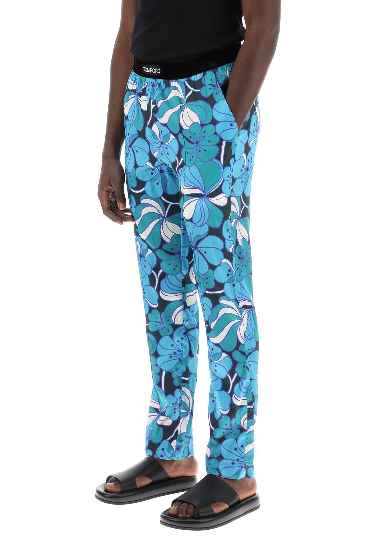 Shop Tom Ford Pajama Pants In Floral Silk In Blue,light Blue