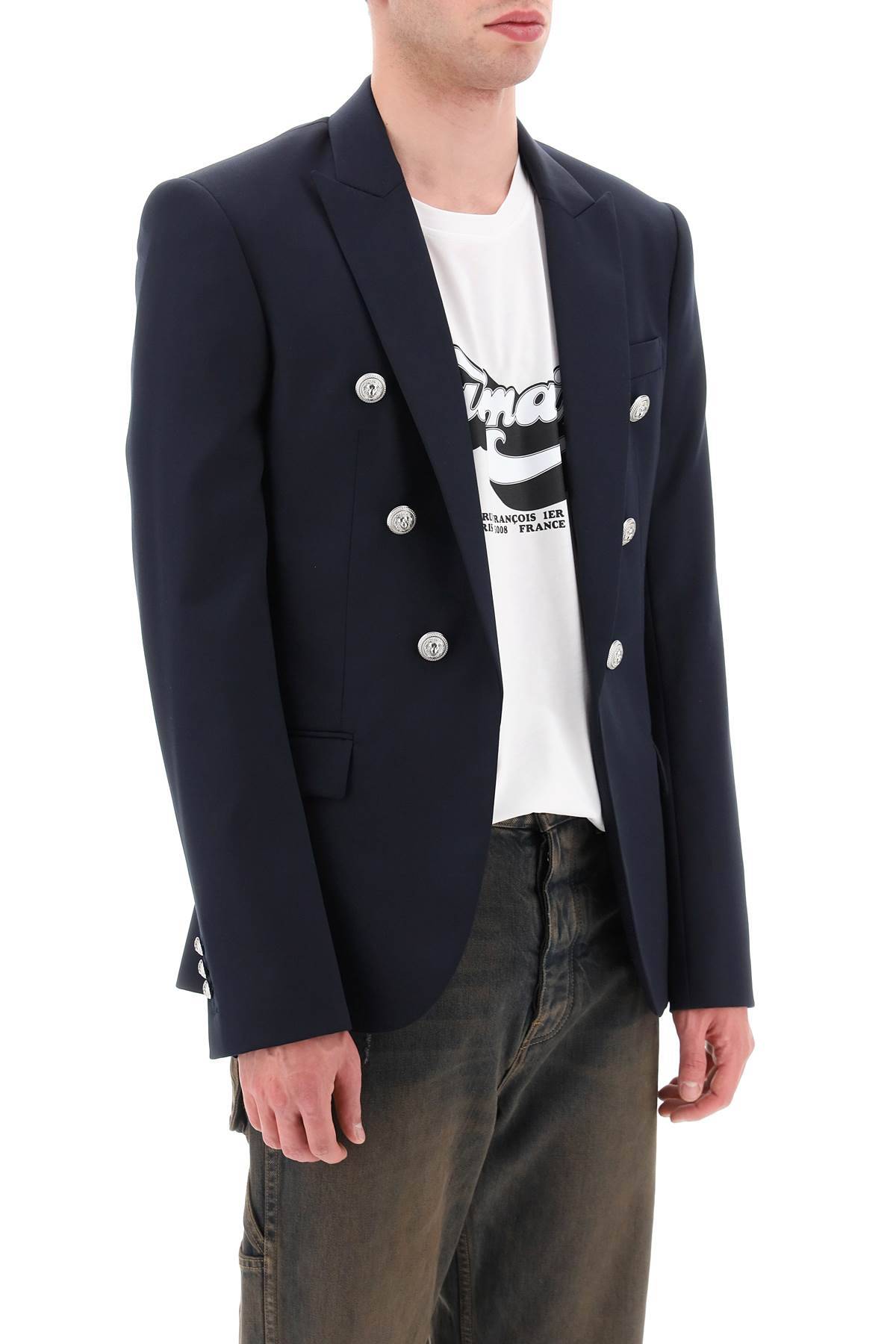 Shop Balmain Wool Jacket With Ornamental Buttons In Blue
