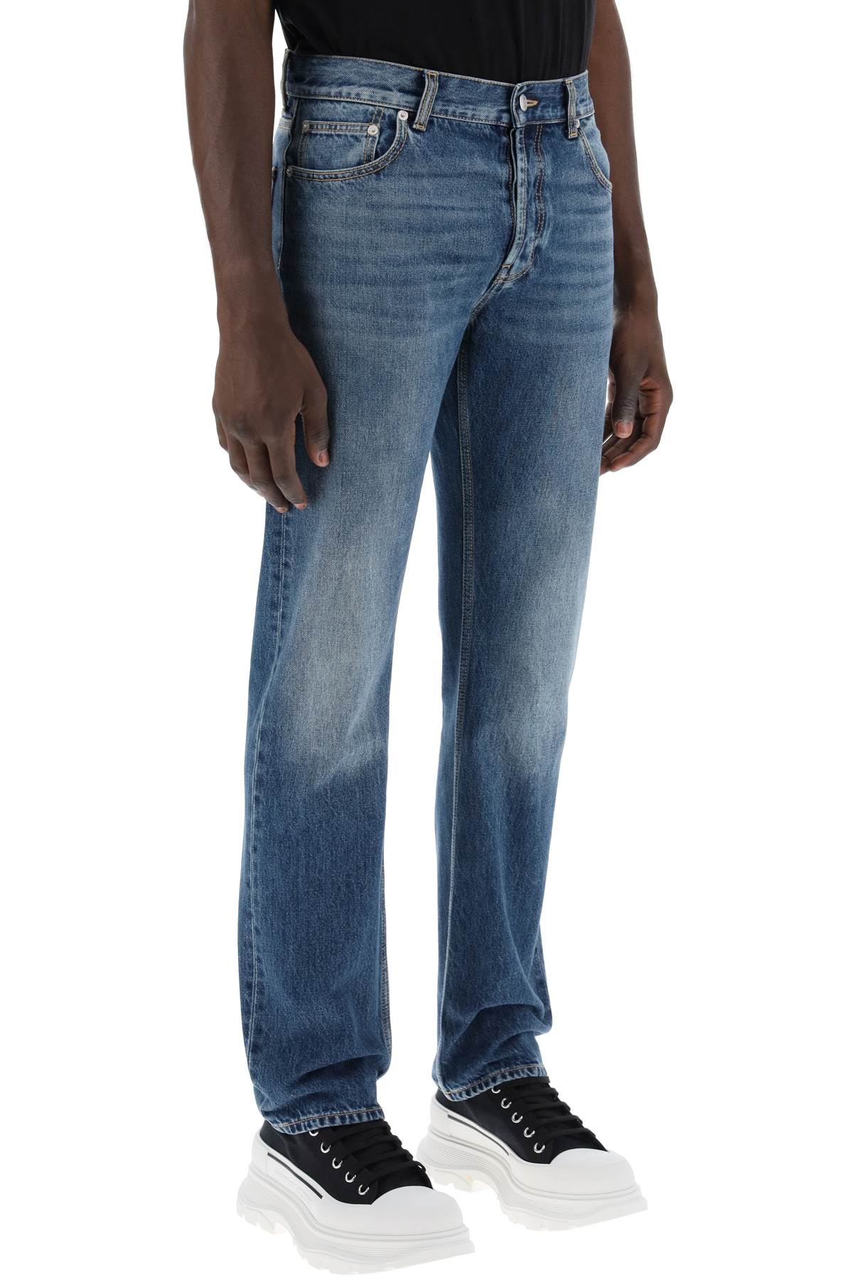 Shop Alexander Mcqueen Straight Leg Jeans With Faux Pocket On The Back. In Blue