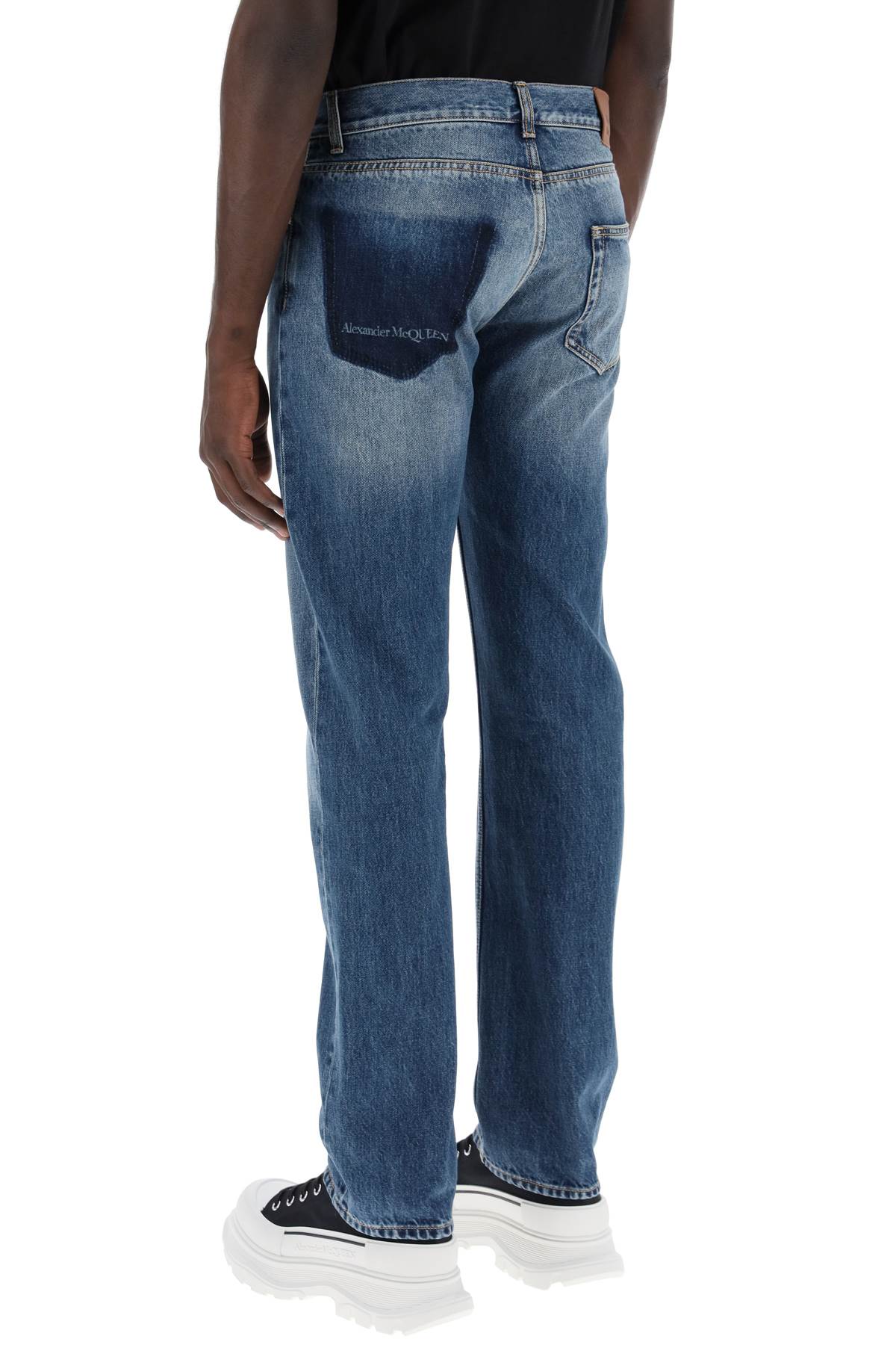 Shop Alexander Mcqueen Straight Leg Jeans With Faux Pocket On The Back. In Blue