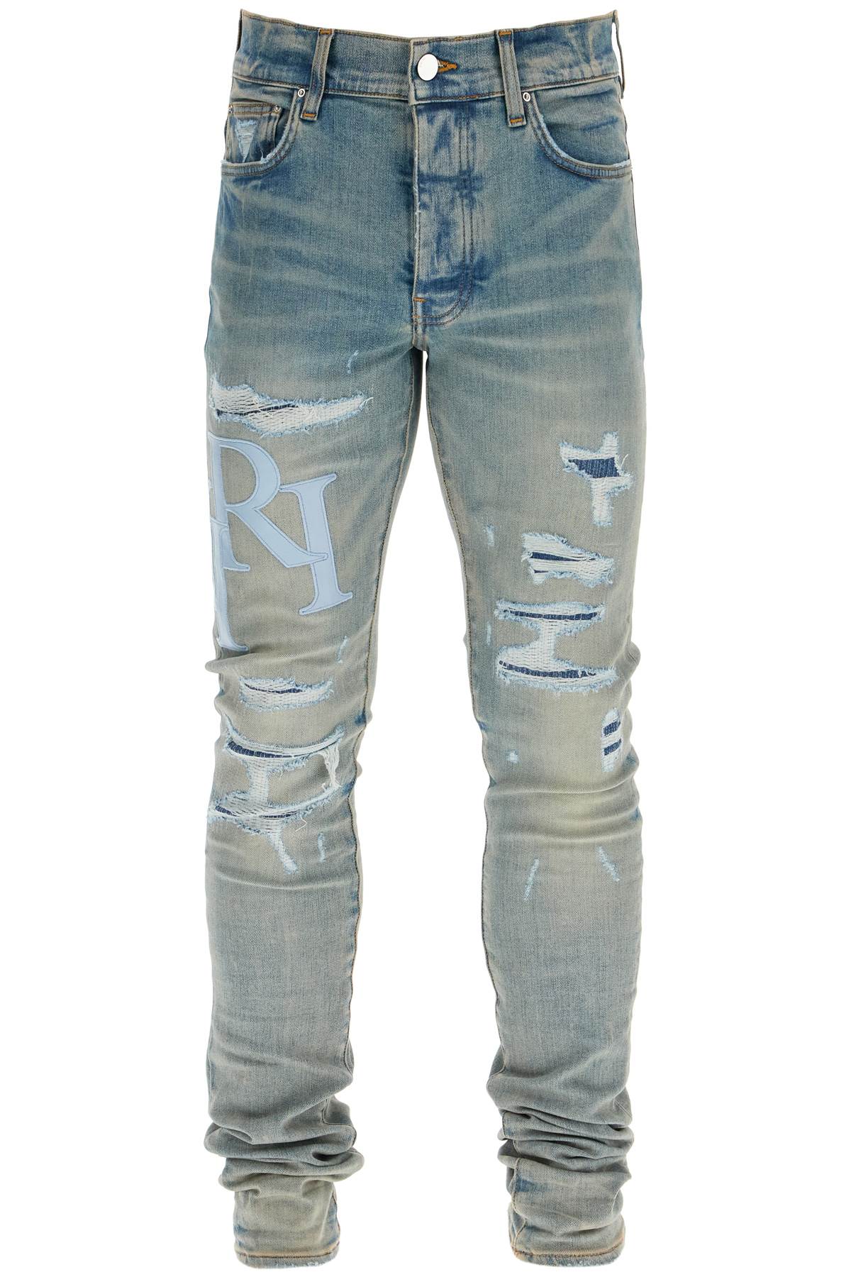 Shop Amiri Leather Logo Jeans With Eight Words In Blue