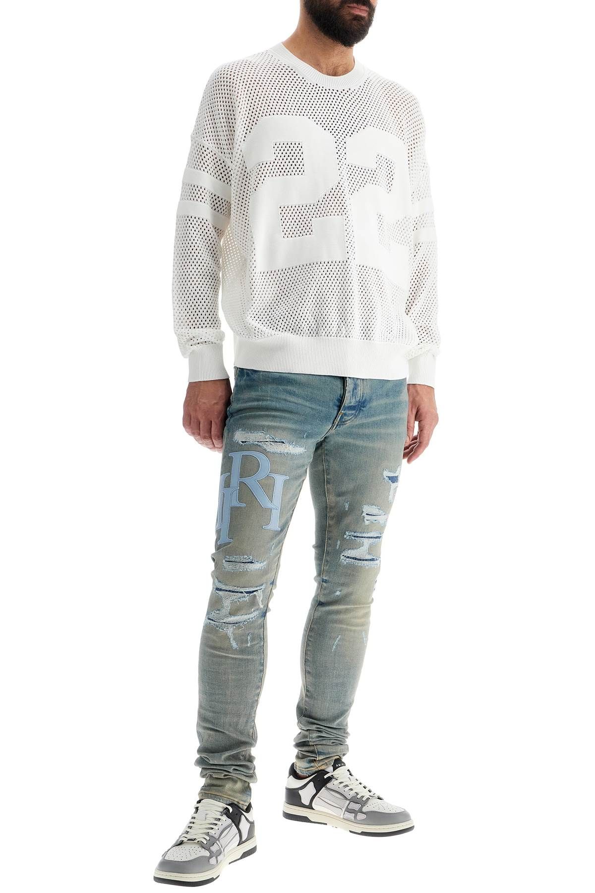 Shop Amiri Leather Logo Jeans With Eight Words In Blue