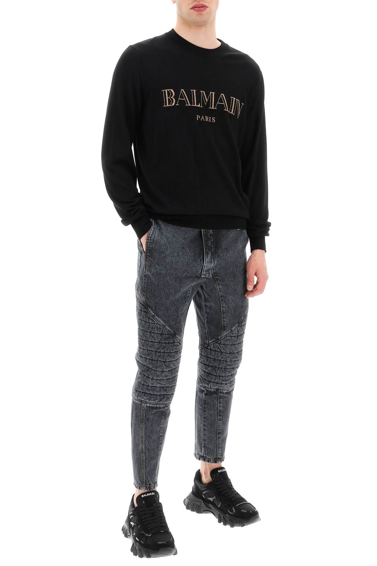 Shop Balmain Jeans With Quilted And Padded Inserts In Grey