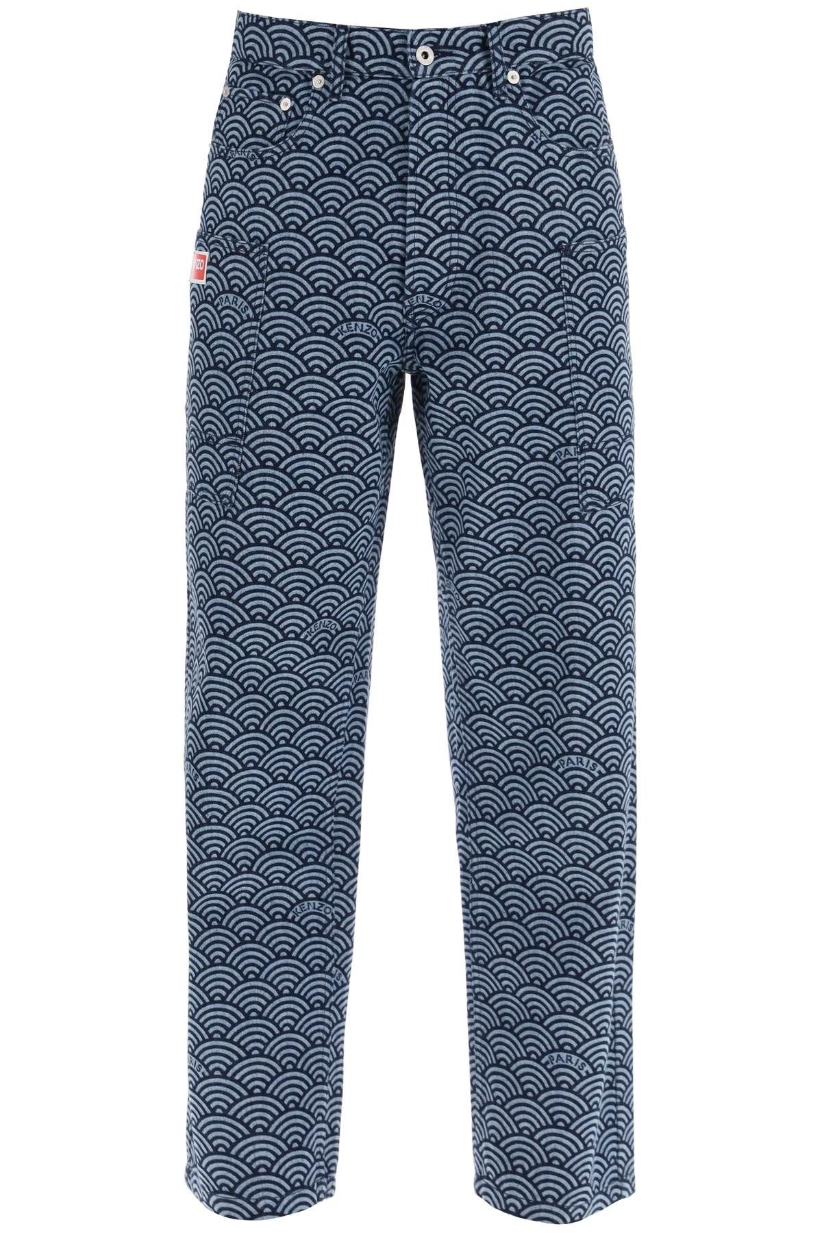 Shop Kenzo Monkey Workwear Jeans With Seigaiha Print In Blue,light Blue