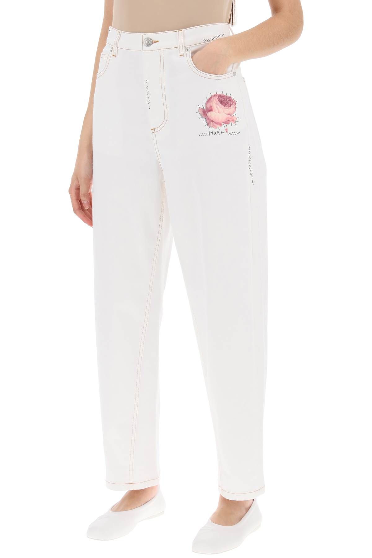 Shop Marni "jeans With Embroidered Logo And Flower Patch In White