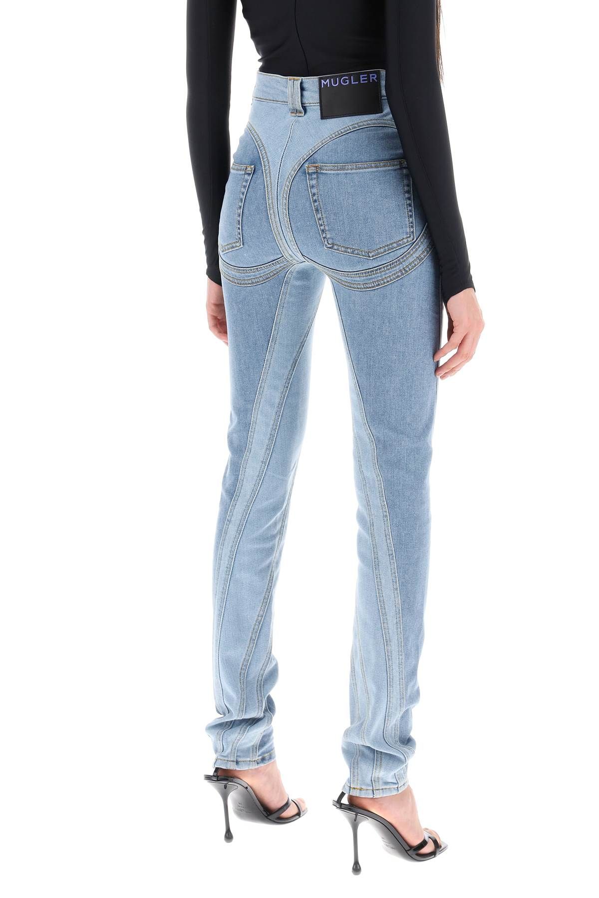 Shop Mugler Spiral Two-tone Skinny Jeans In Blue,light Blue