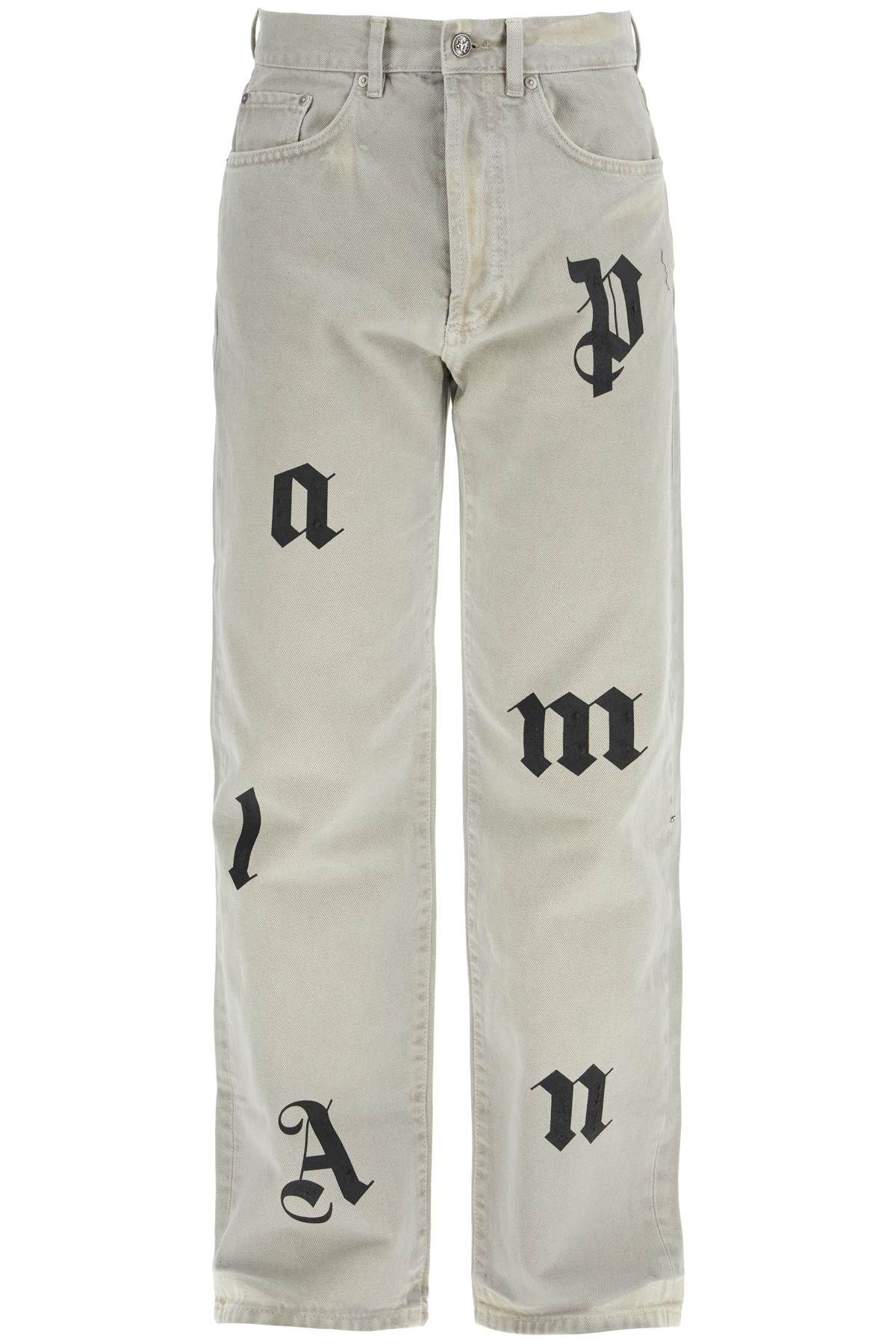 Shop Palm Angels Loose Printed Detail Jeans With Eight In Grey