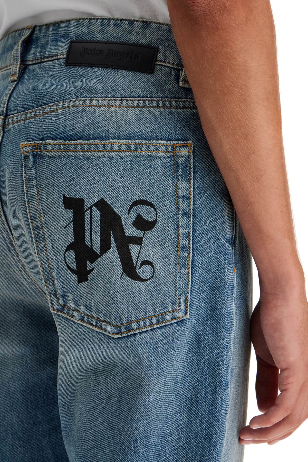 Shop Palm Angels Straight Leg Monogram Print Jeans In Blue