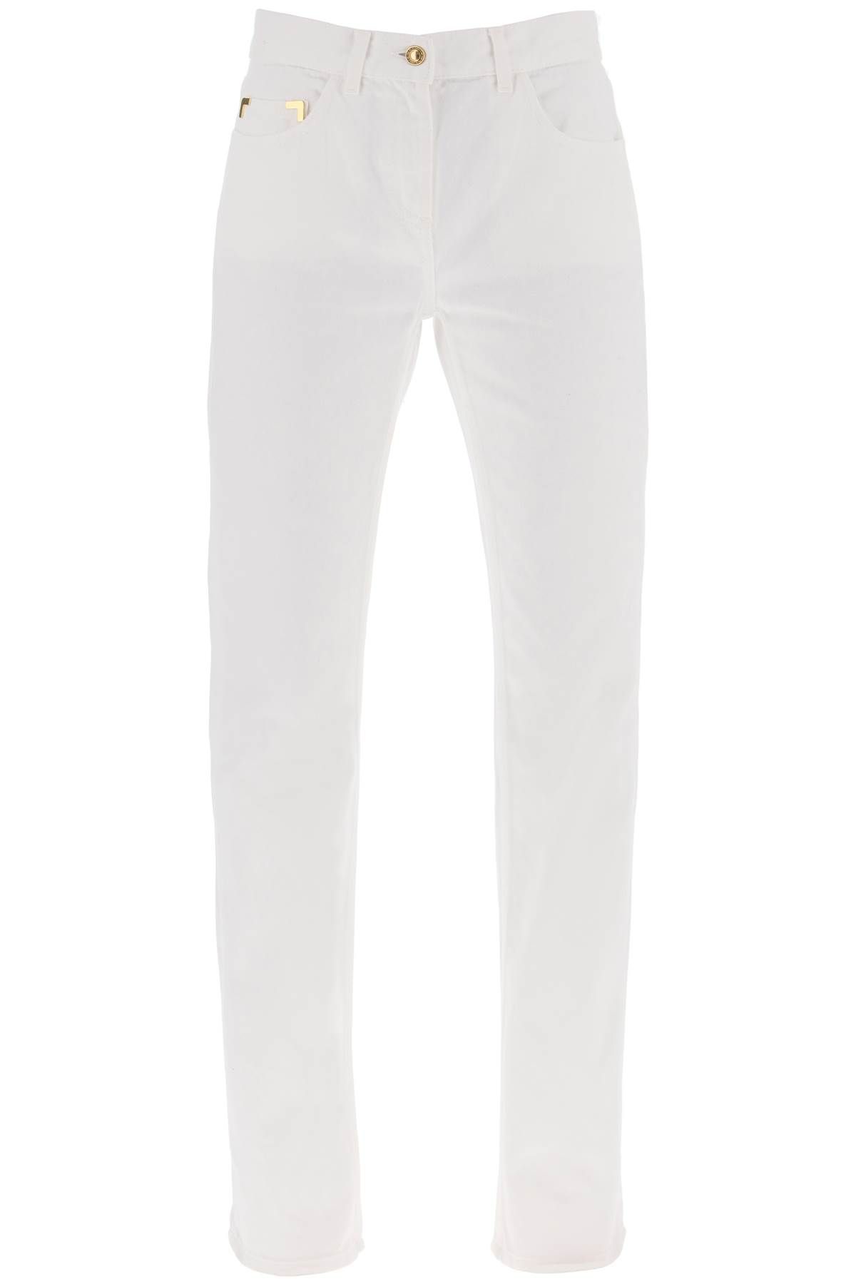 Shop Palm Angels Jeans With Gold Metal Detailing In White