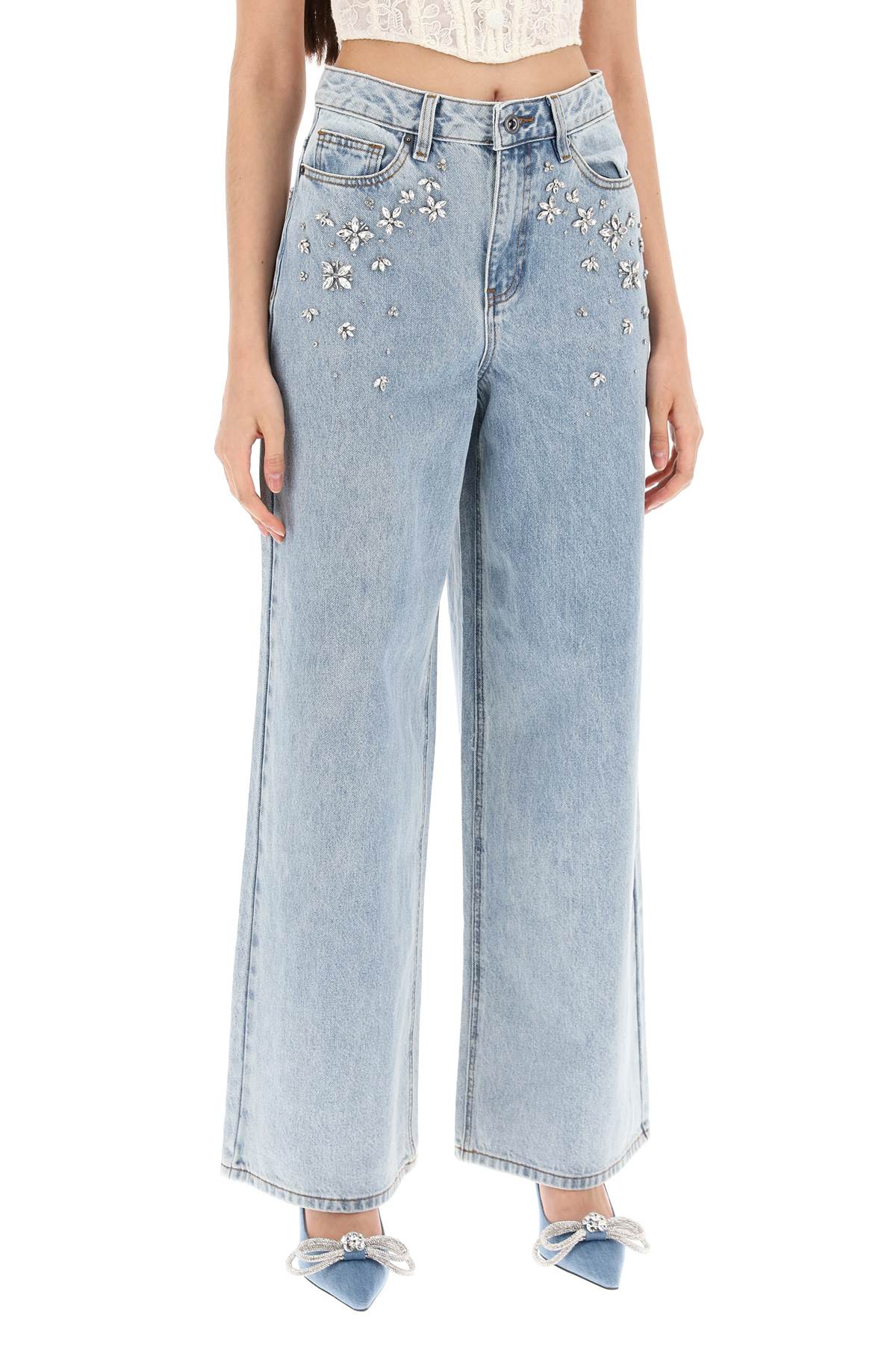 Shop Self-portrait Wide Jeans With Applique Details In Blue