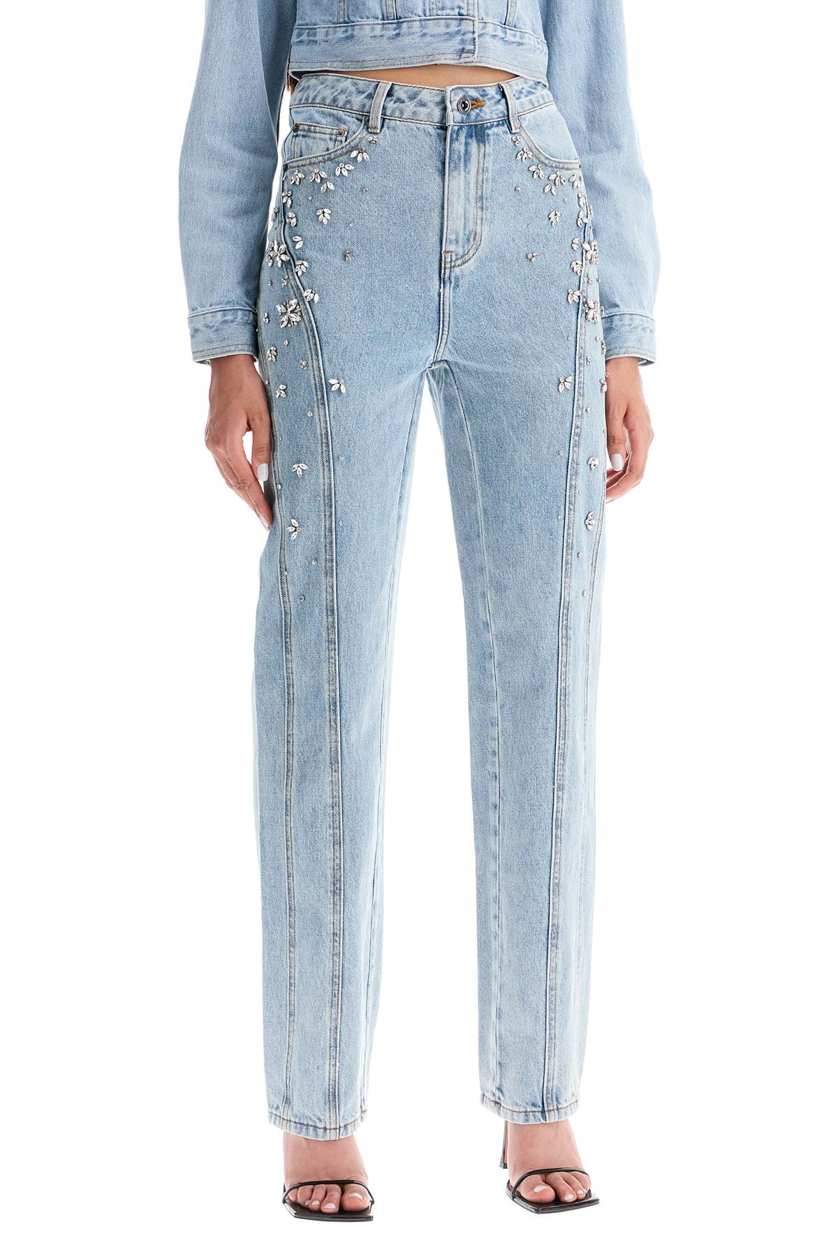 Shop Self-portrait Straight Jeans With Crystals In Blue